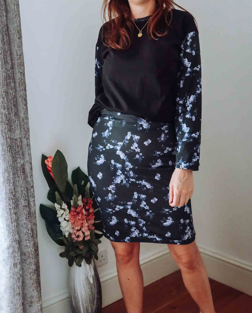 Black & Grey Floral Jersey Skirt