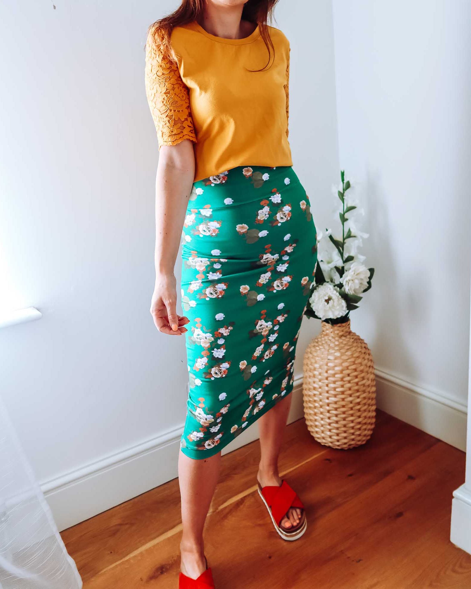 Green Floral Cotton Midi Skirt