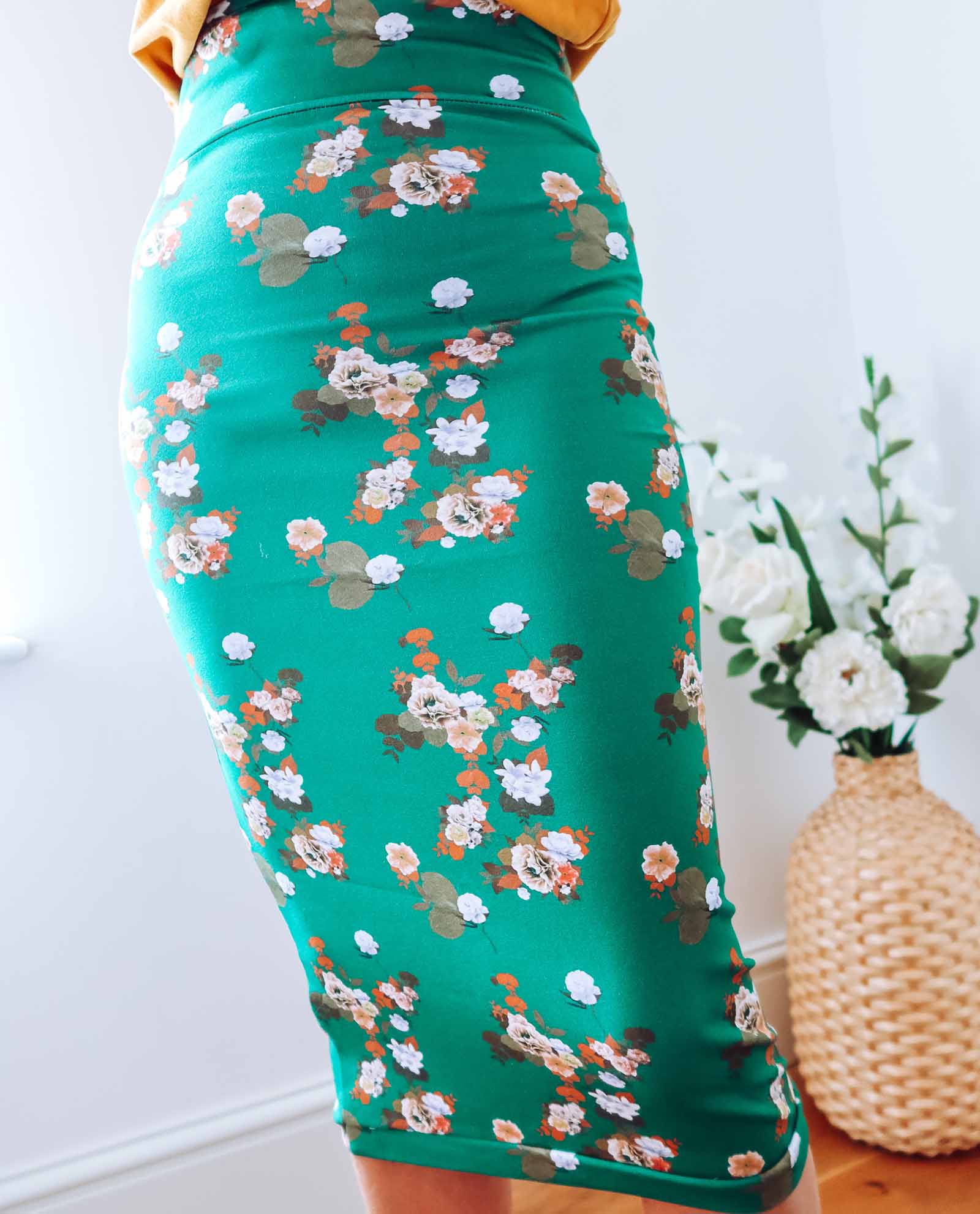 Green Floral Cotton Midi Skirt