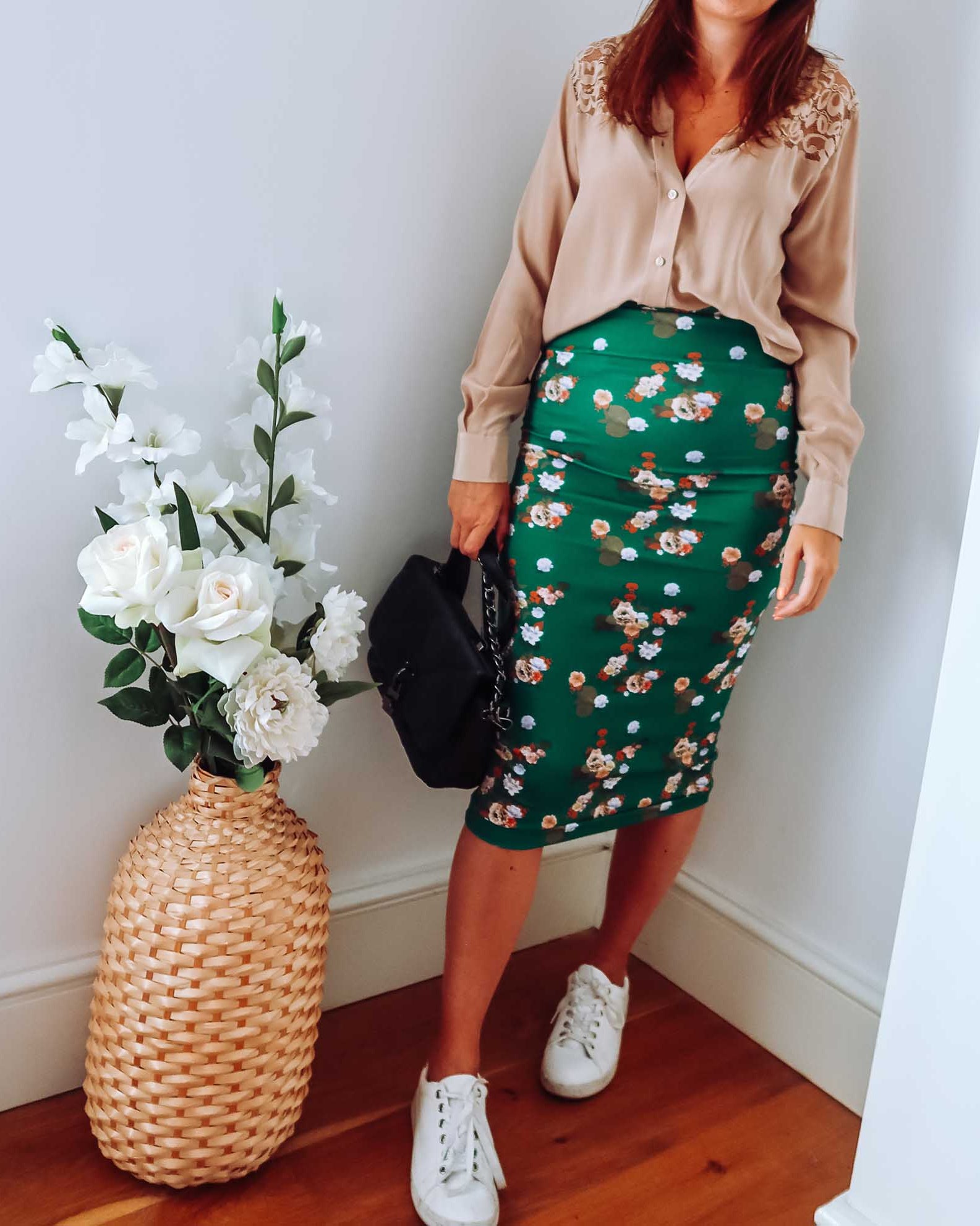Green Floral Cotton Midi Skirt