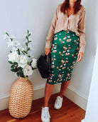 Green Floral Cotton Midi Skirt