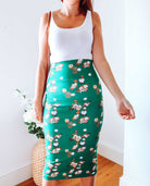 Green Floral Cotton Midi Skirt