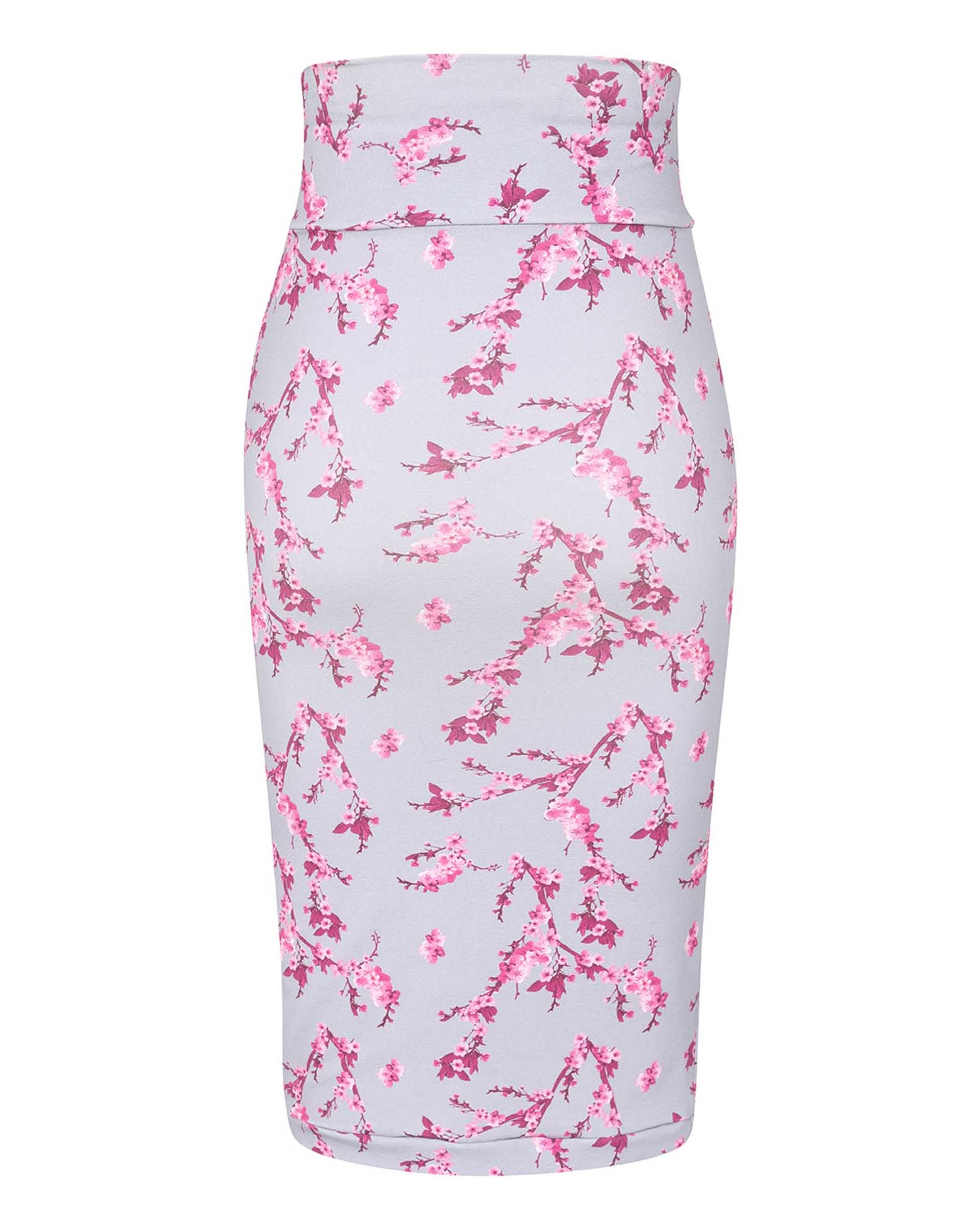 Grey & Pink Floral Midi Jersey Skirt SCD