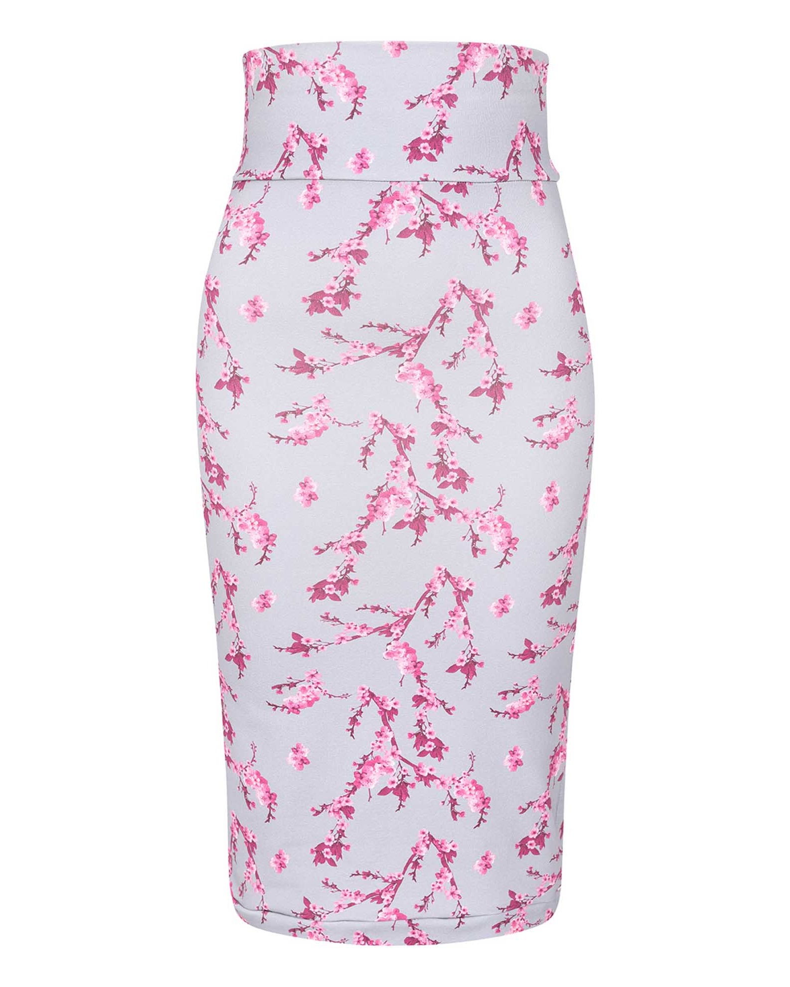 Grey & Pink Floral Midi Jersey Skirt SCD