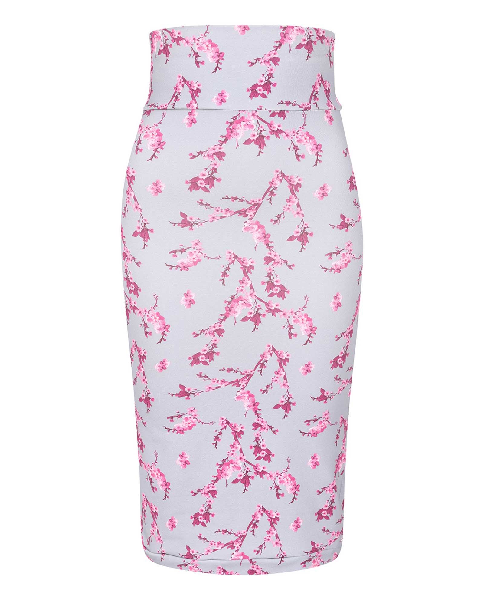 Grey & Pink Floral Midi Jersey Skirt SCD