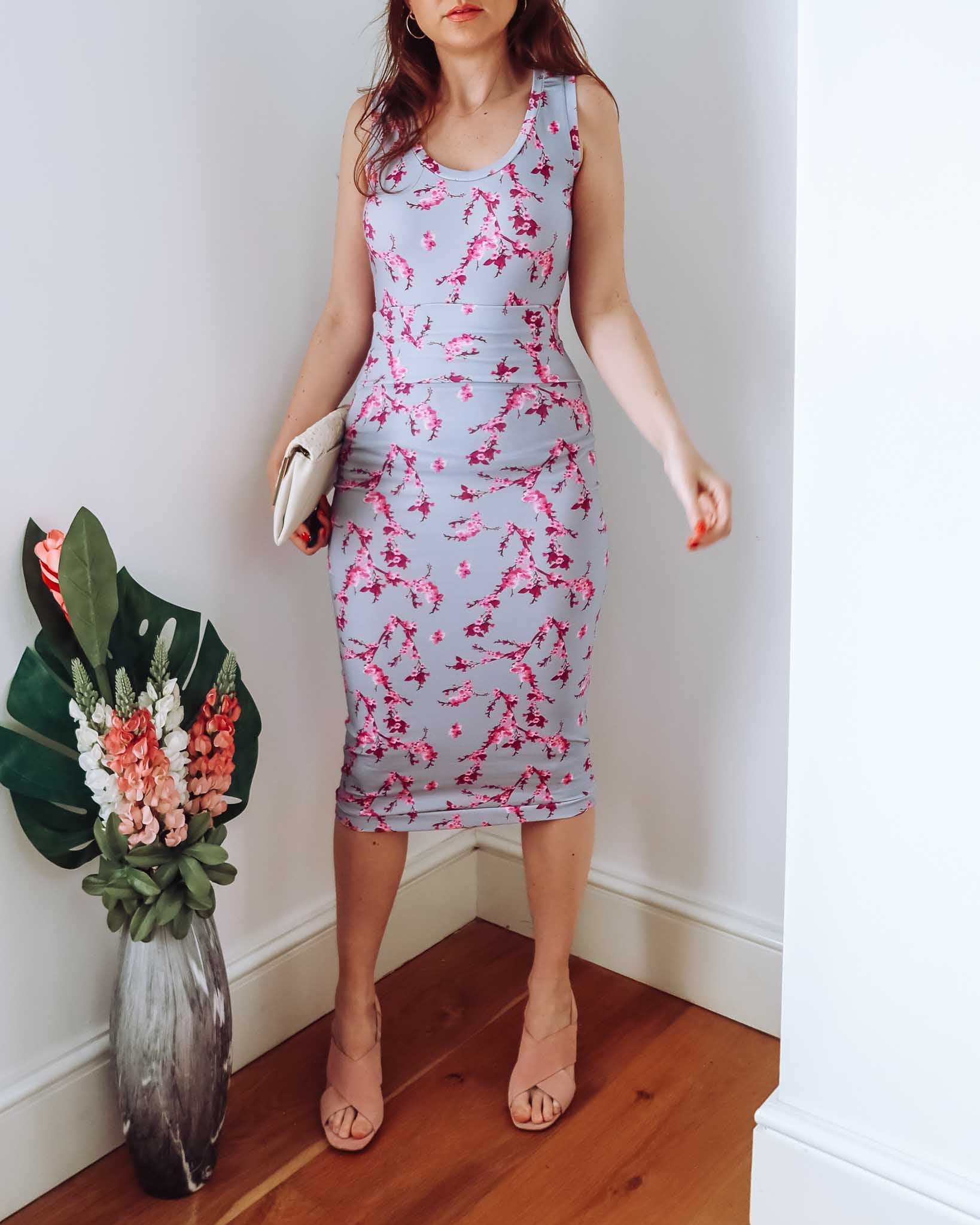 Grey & Pink Floral Midi Jersey Skirt SCD