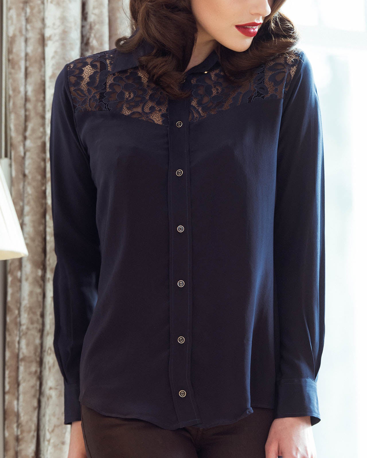 Women's navy blue silk shirt with lace detail