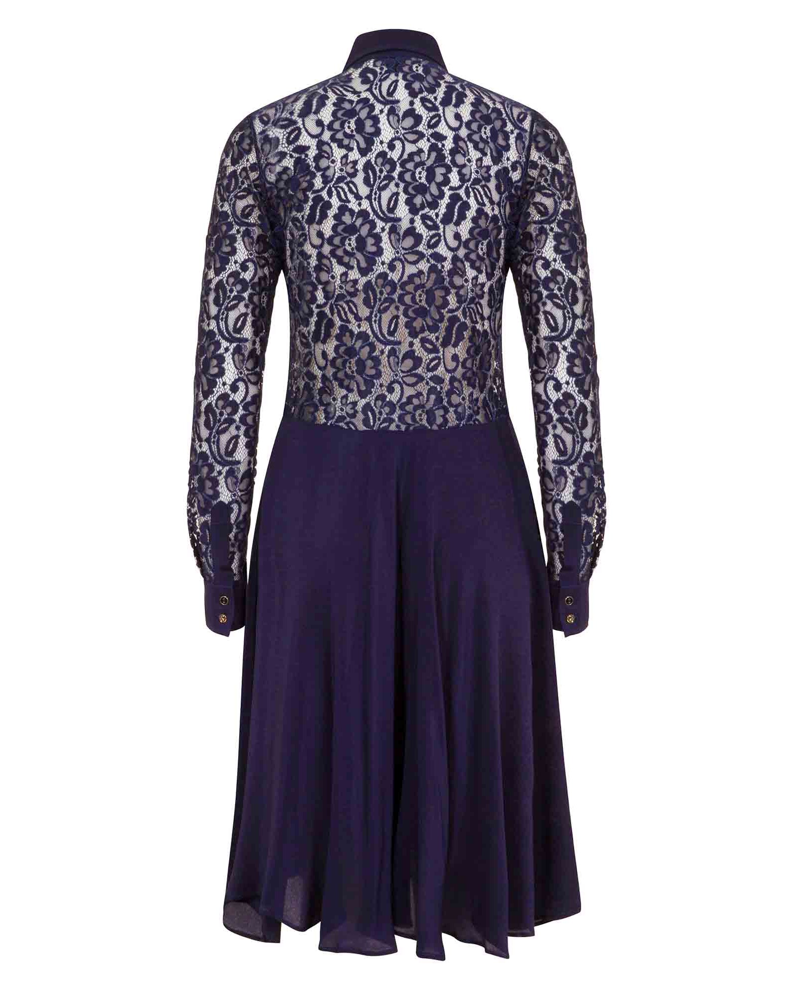Back of a knee length navy blue silk dress with lace body and full length sleeves