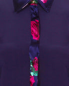 Close up of classic fit navy blue floral print shirt