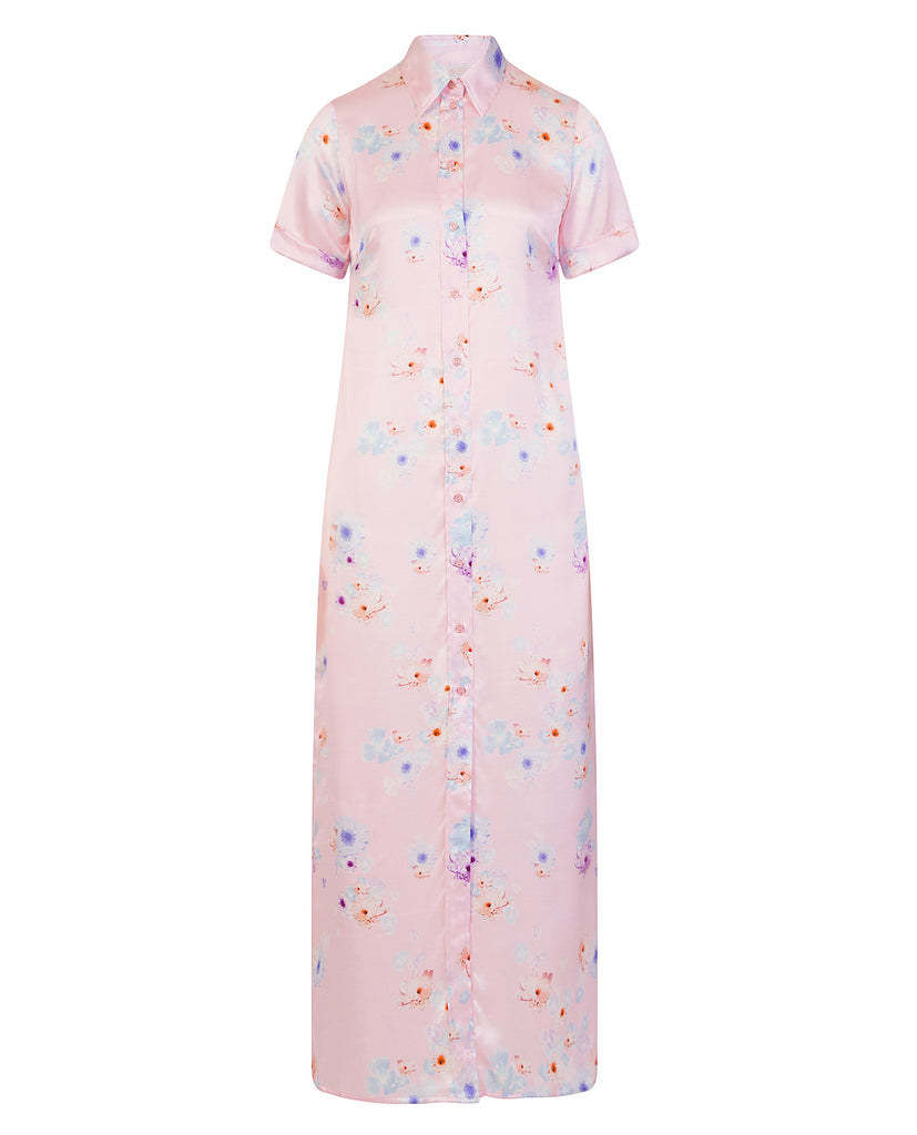 Pink Beach Flower Silk Maxi Dress