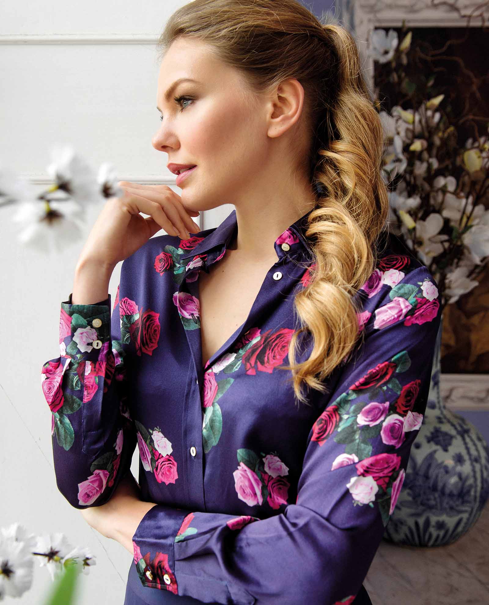 Rose Print Silk Shirt