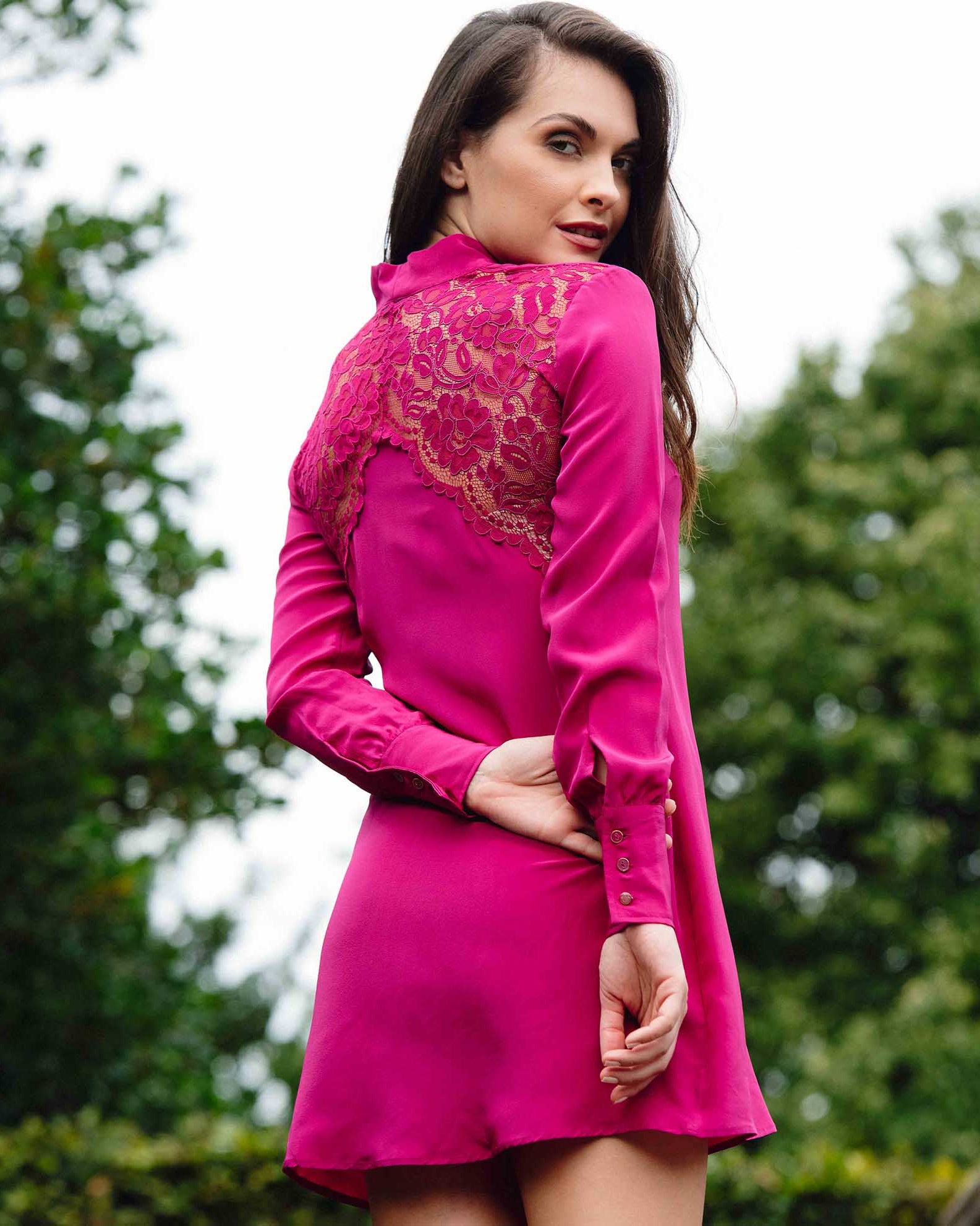 Silk Bow Mini Dress Fuchsia