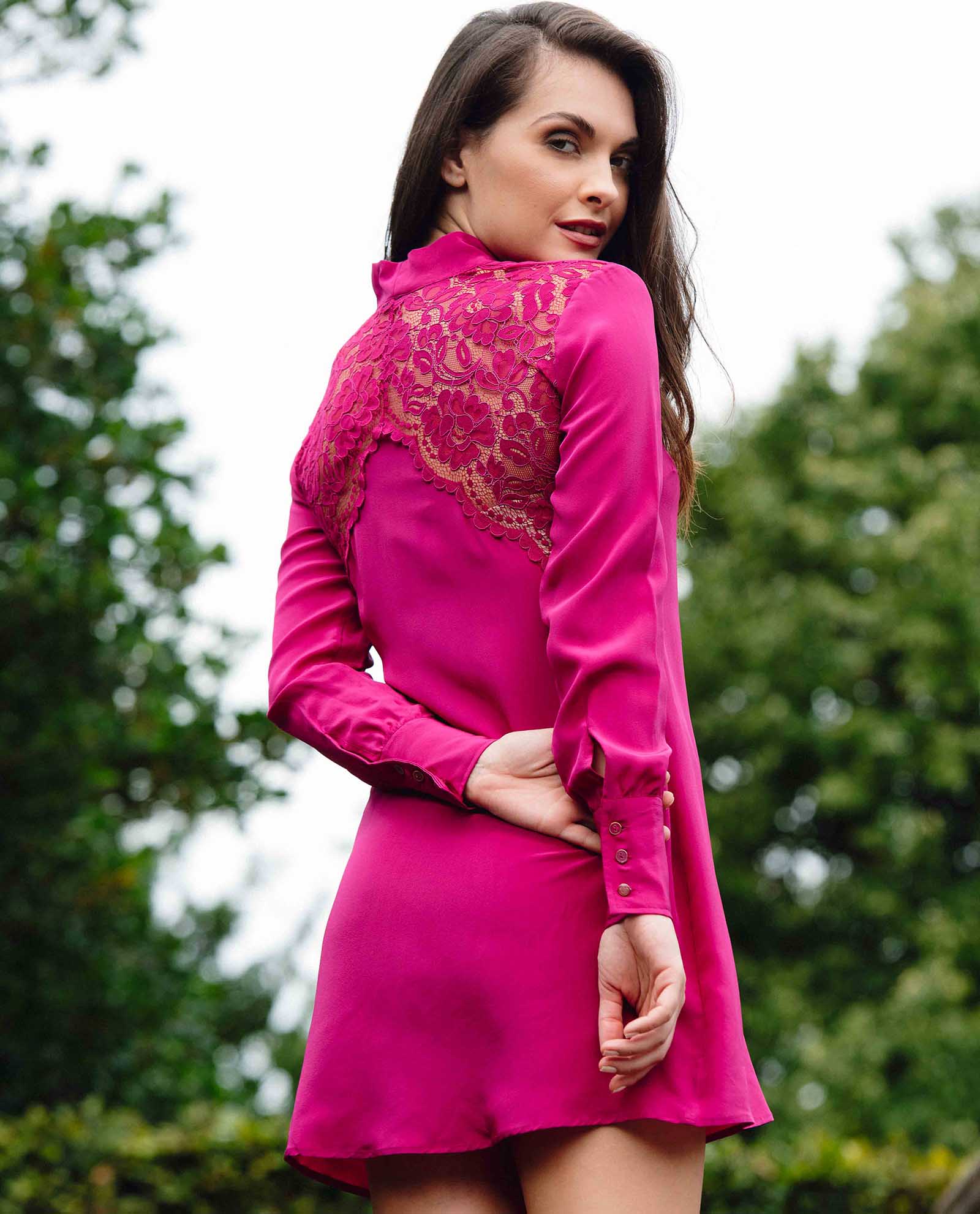 Silk Bow Mini Dress Fuchsia