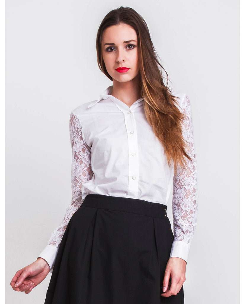 Woman wearing a white cotton slim fit shirt with full length lace sleeves