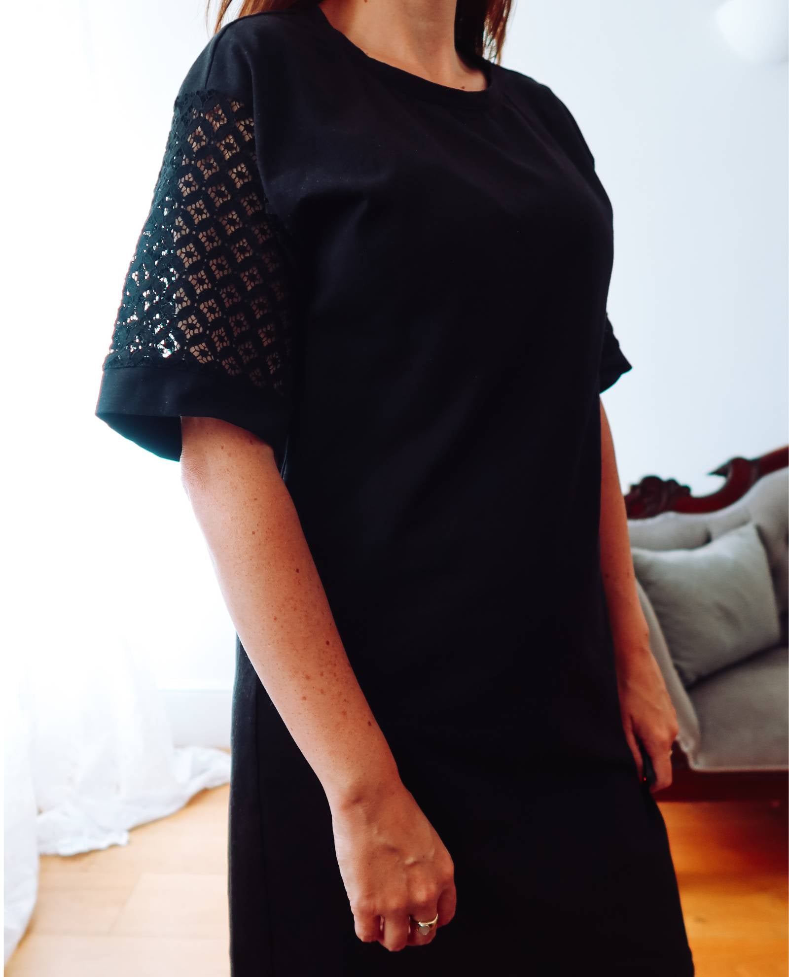 Black Lace Sleeve Cotton T Shirt Dress