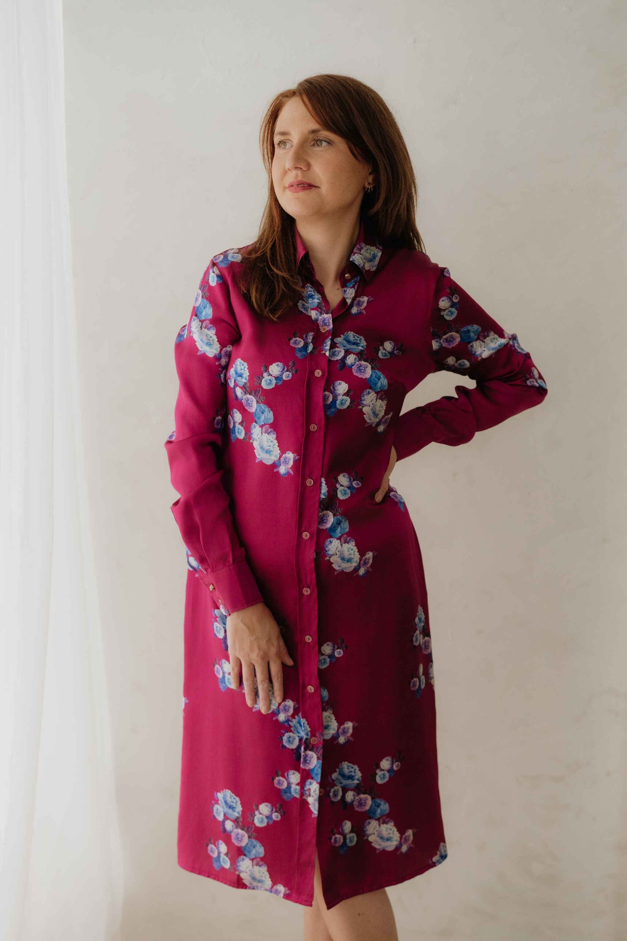 Berry Pink Peony Silk Shirt Dress