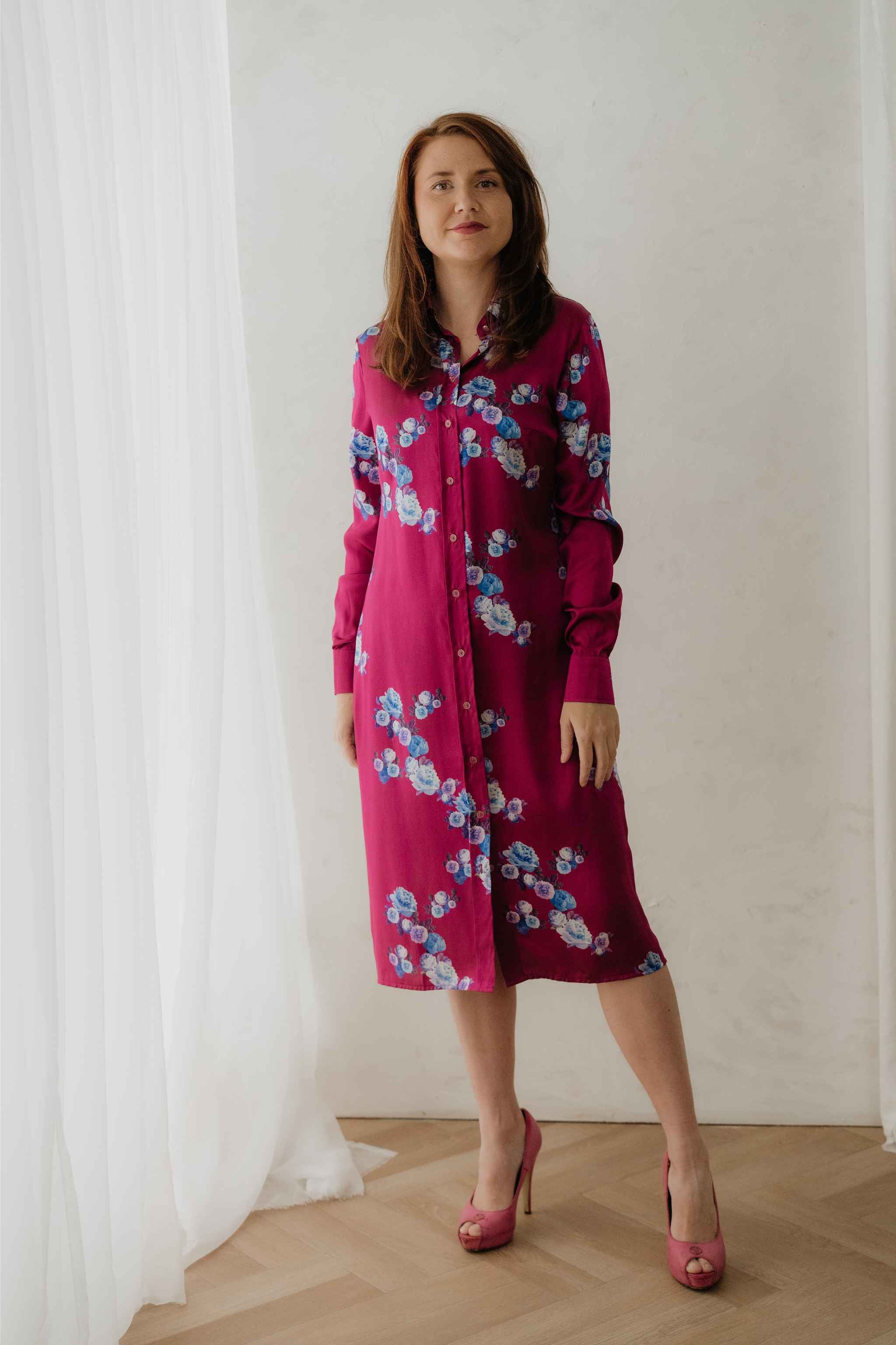 Berry Pink Peony Silk Shirt Dress