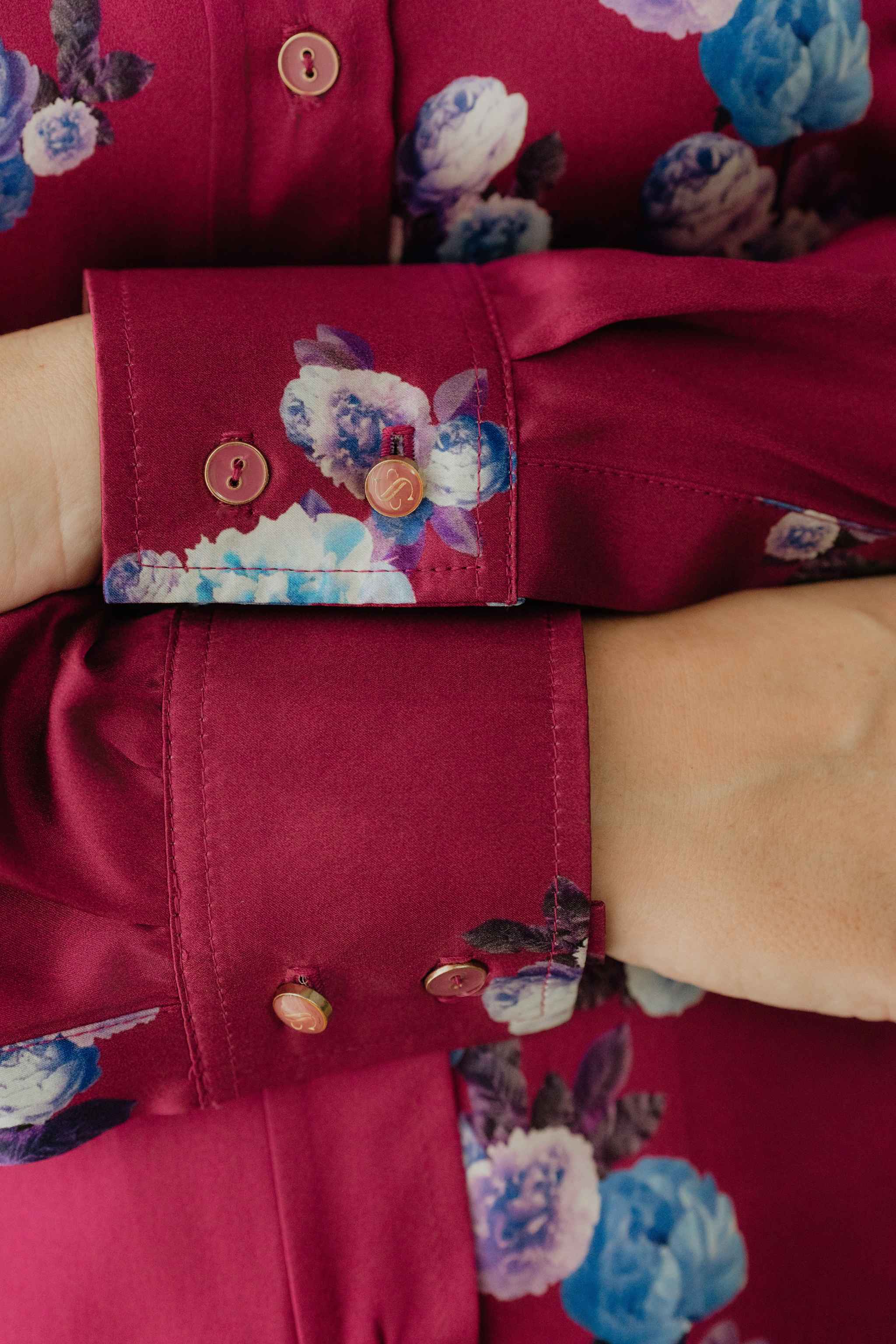 Berry Pink Peony Silk Shirt Dress