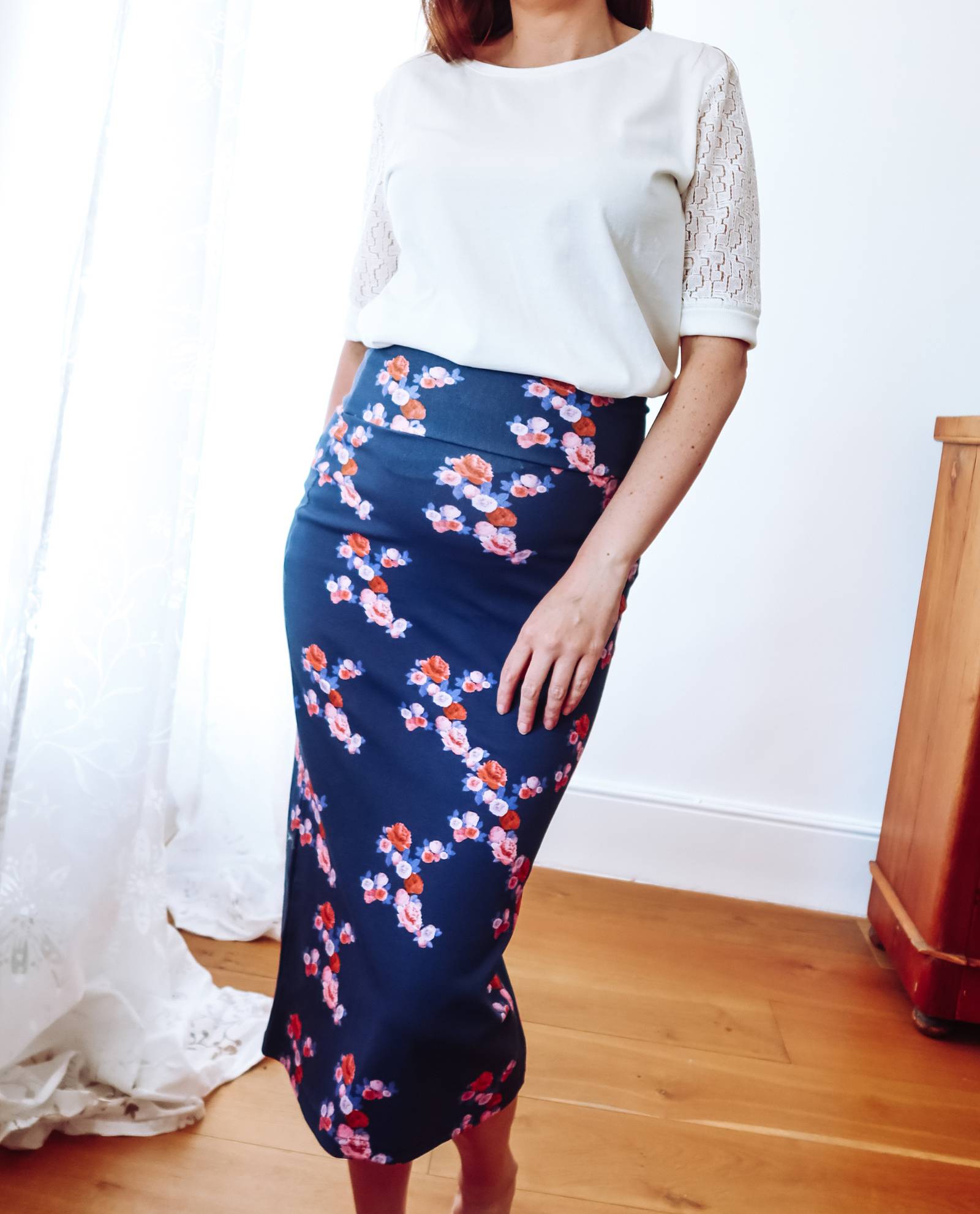 Ivory Lace Sleeve Cotton T-Shirt