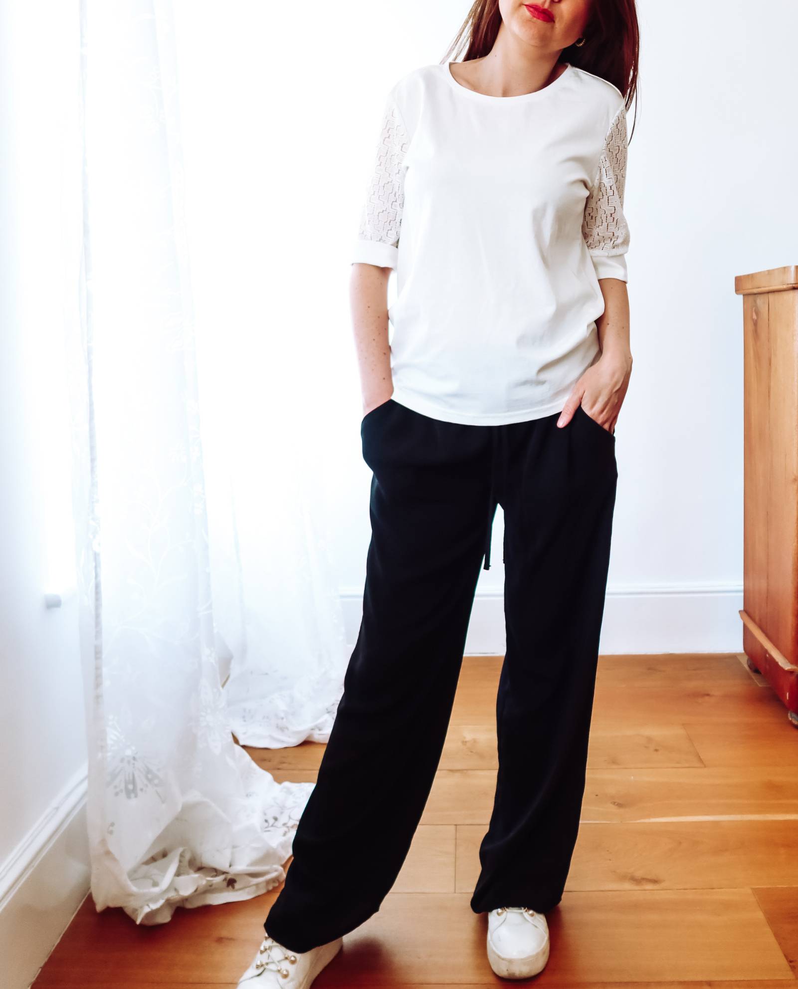 Ivory Lace Sleeve Cotton T-Shirt