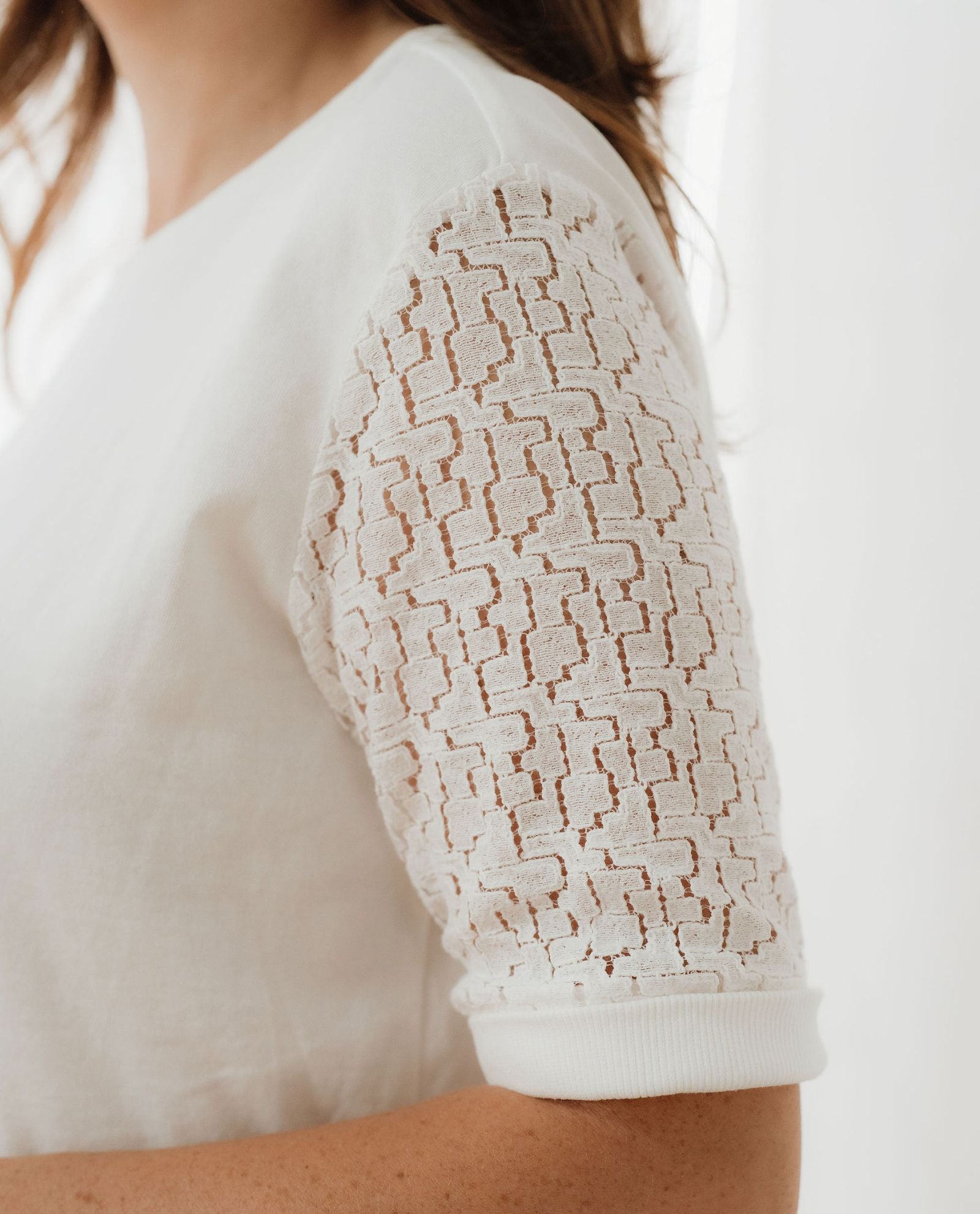 Ivory Lace Sleeve Cotton T-Shirt