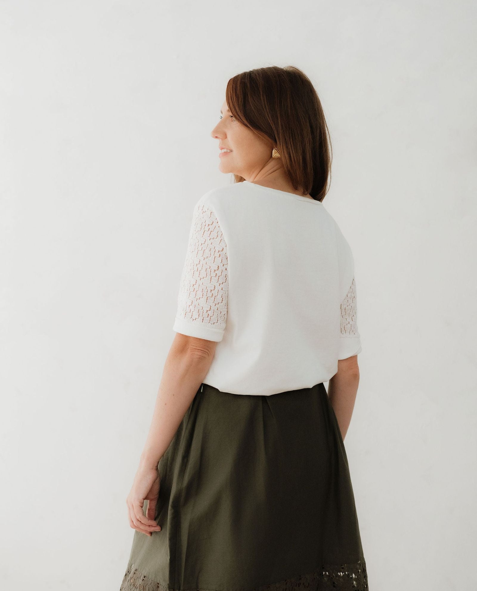 Ivory Lace Sleeve Cotton T-Shirt