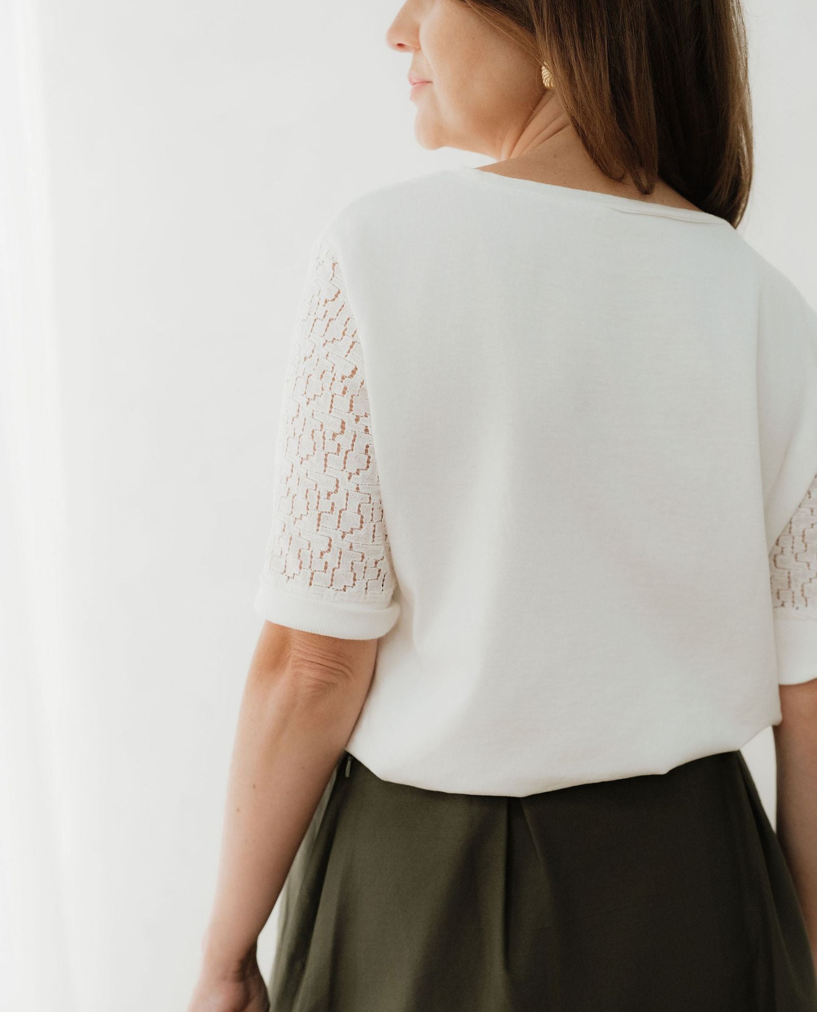 Ivory Lace Sleeve Cotton T-Shirt