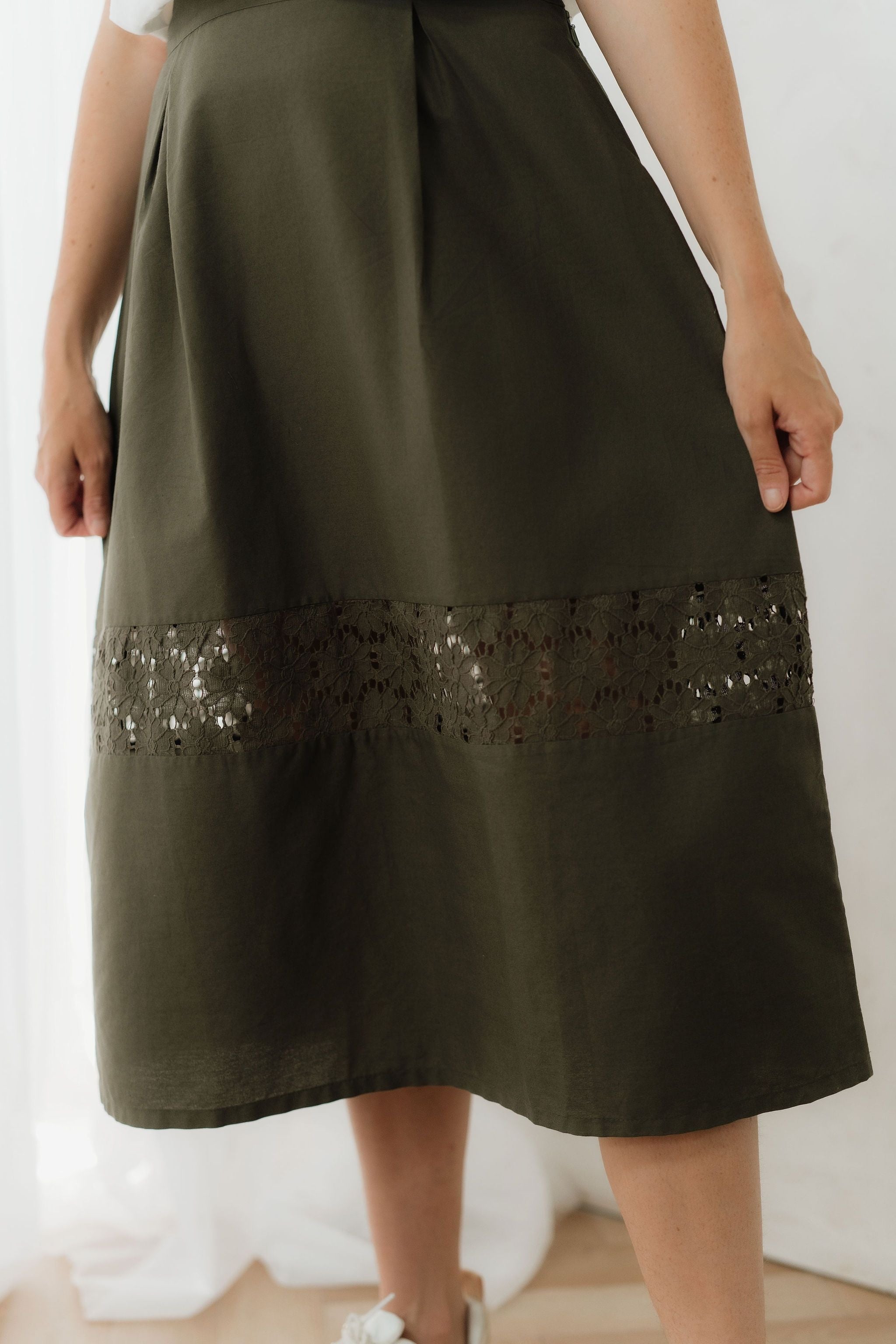 Khaki Green Cotton Midi Skirt
