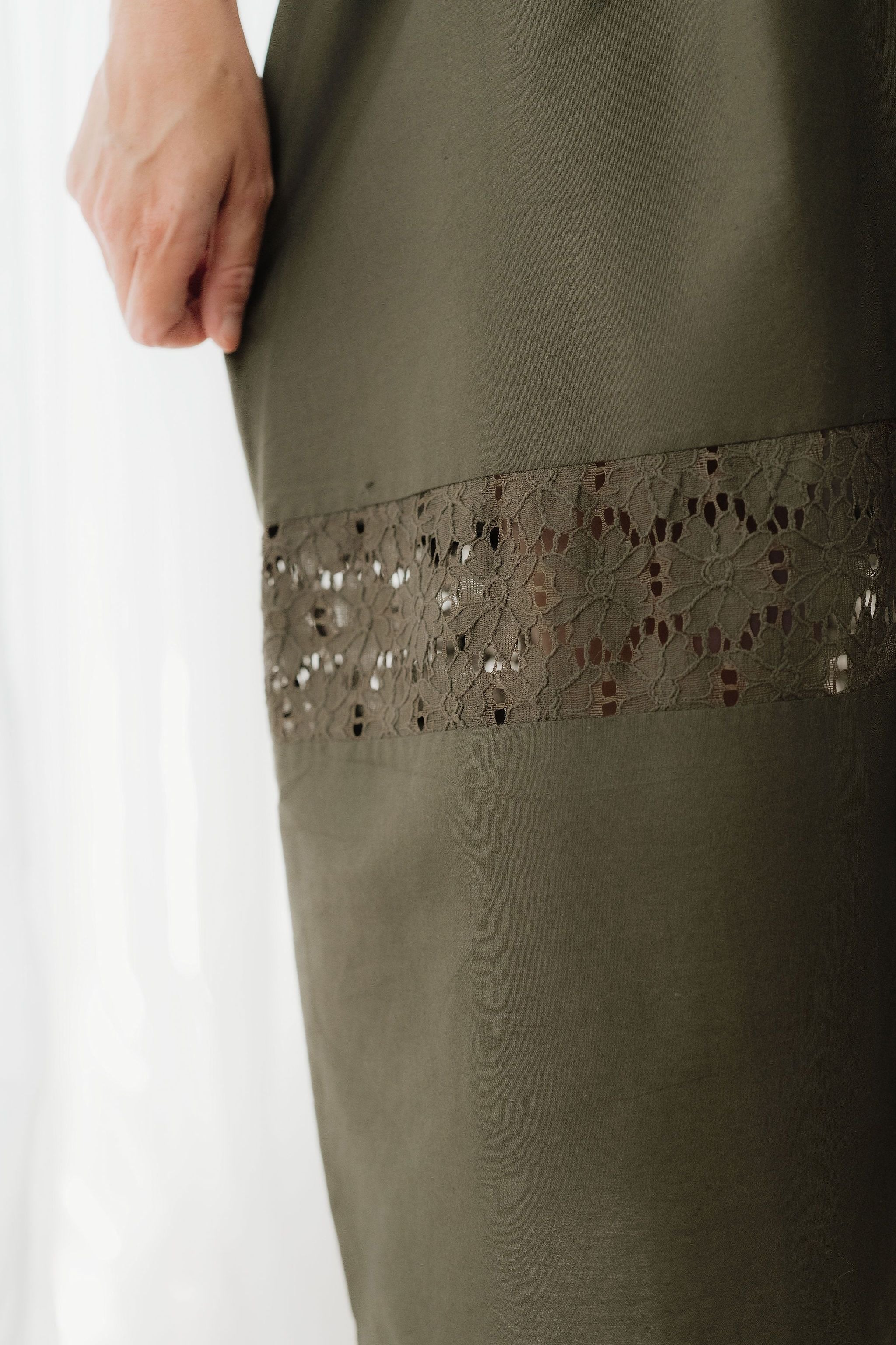 Khaki Green Cotton Midi Skirt