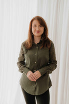 Khaki Green Lace Sleeve Cotton Shirt