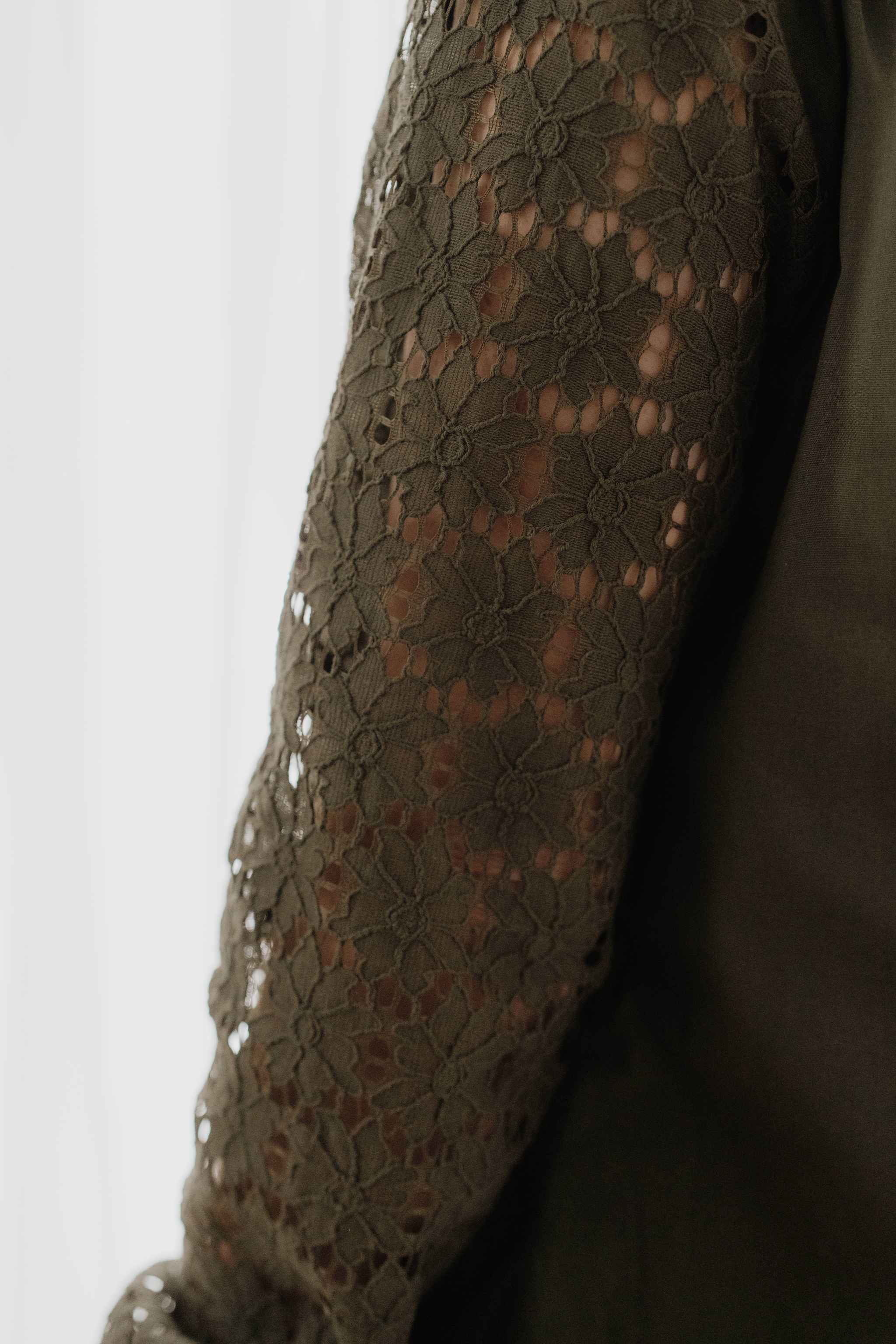 Khaki Green Lace Sleeve Cotton Shirt