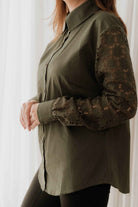 Khaki Green Lace Sleeve Cotton Shirt