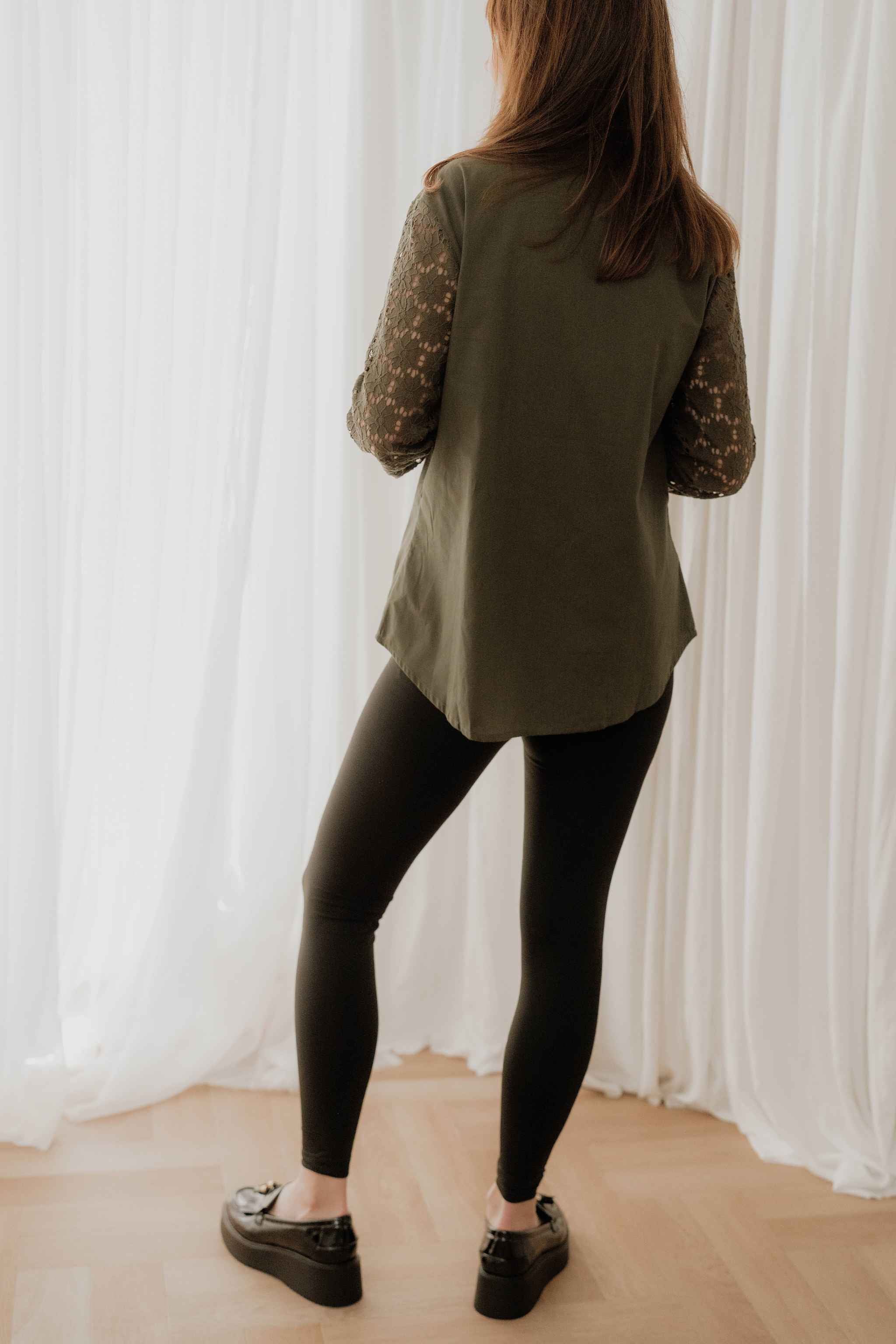 Khaki Green Lace Sleeve Cotton Shirt