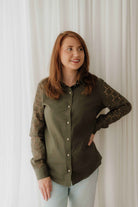 Khaki Green Lace Sleeve Cotton Shirt