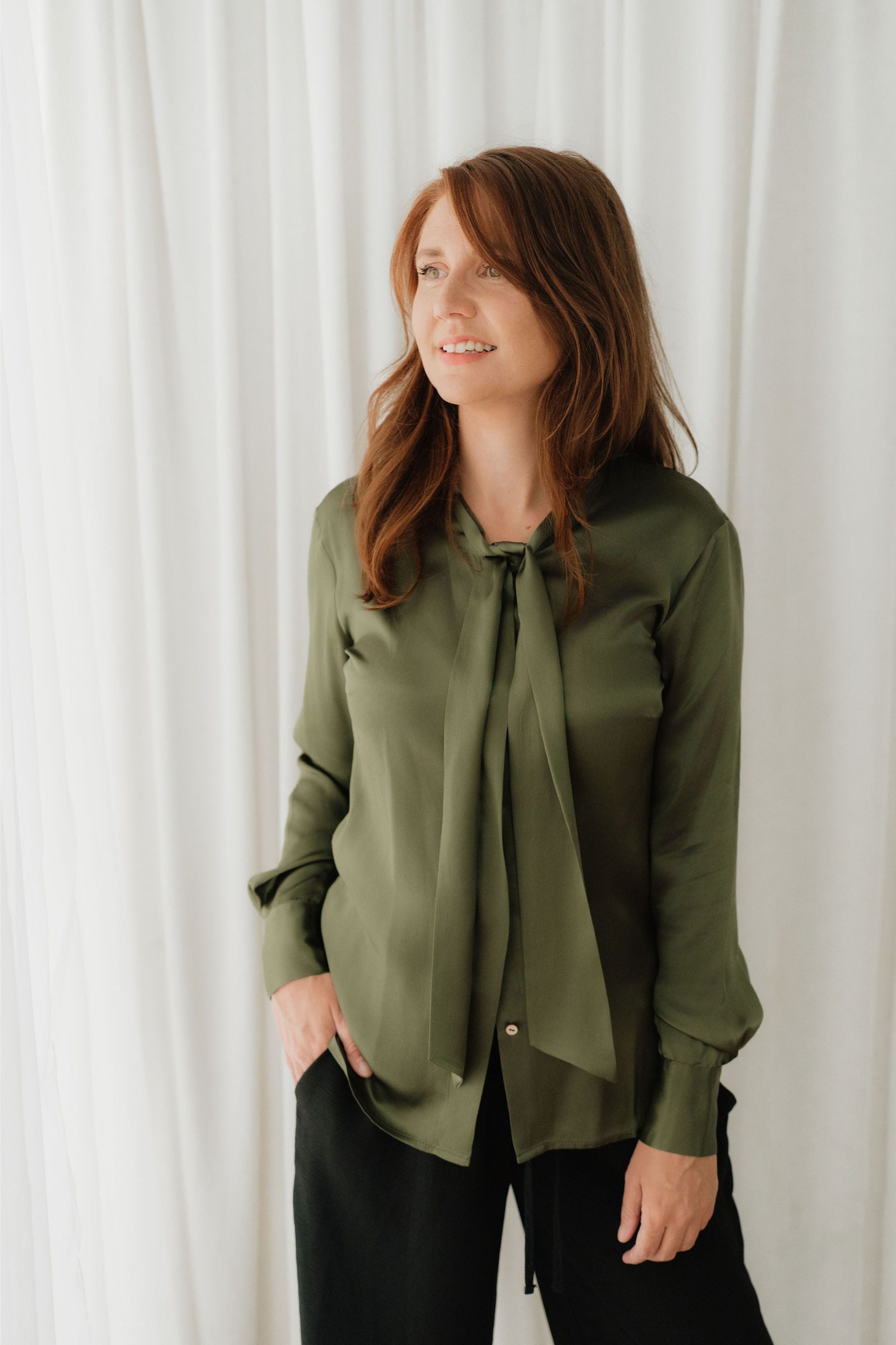 Olive Green Silk Bow Blouse