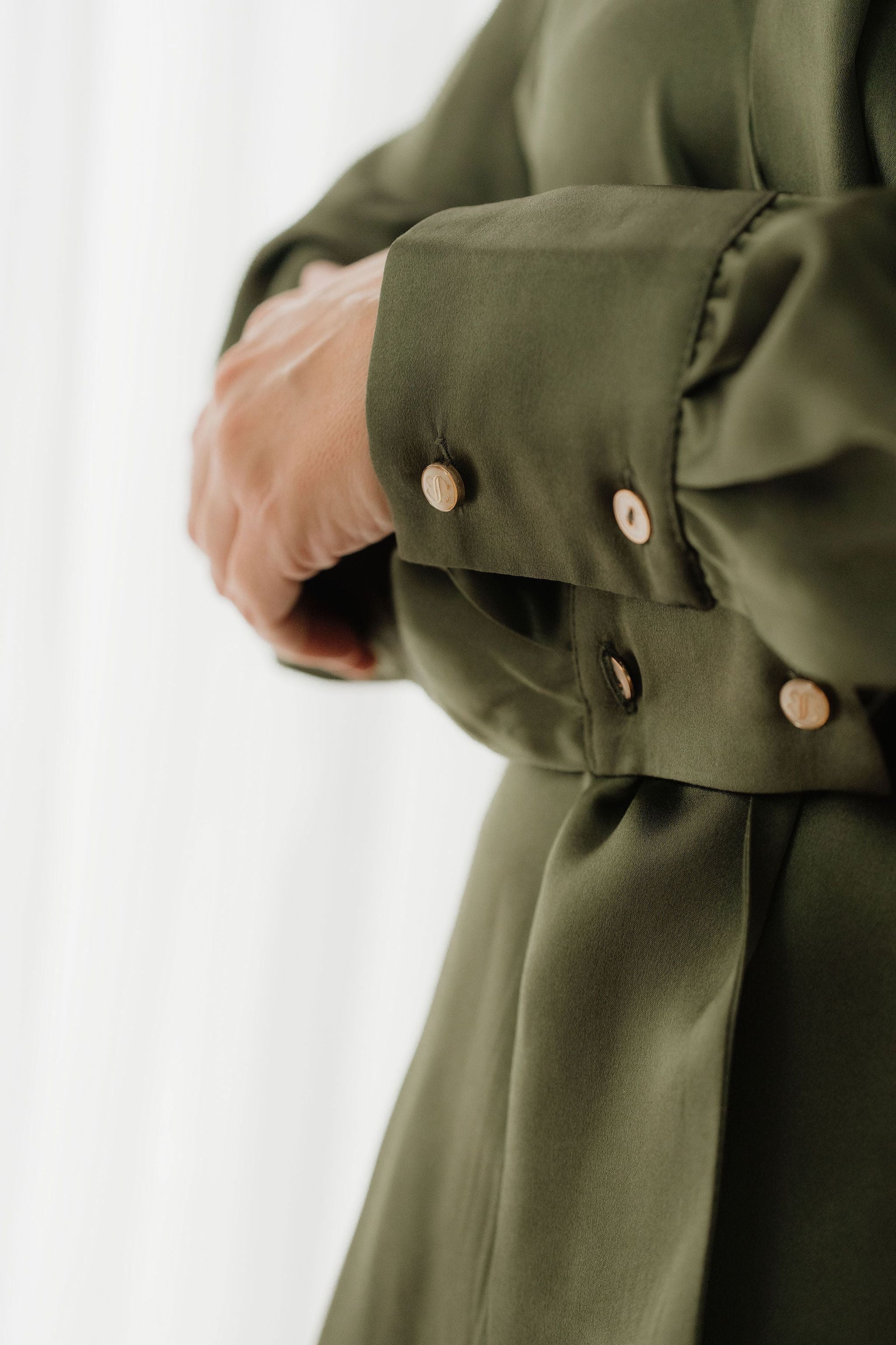 Olive Green Silk Bow Blouse