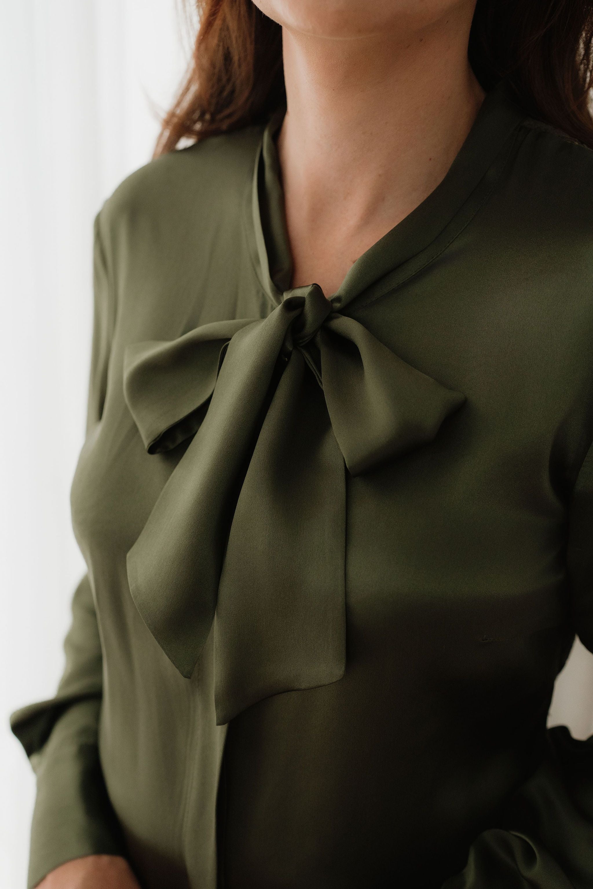 Olive Green Silk Bow Blouse