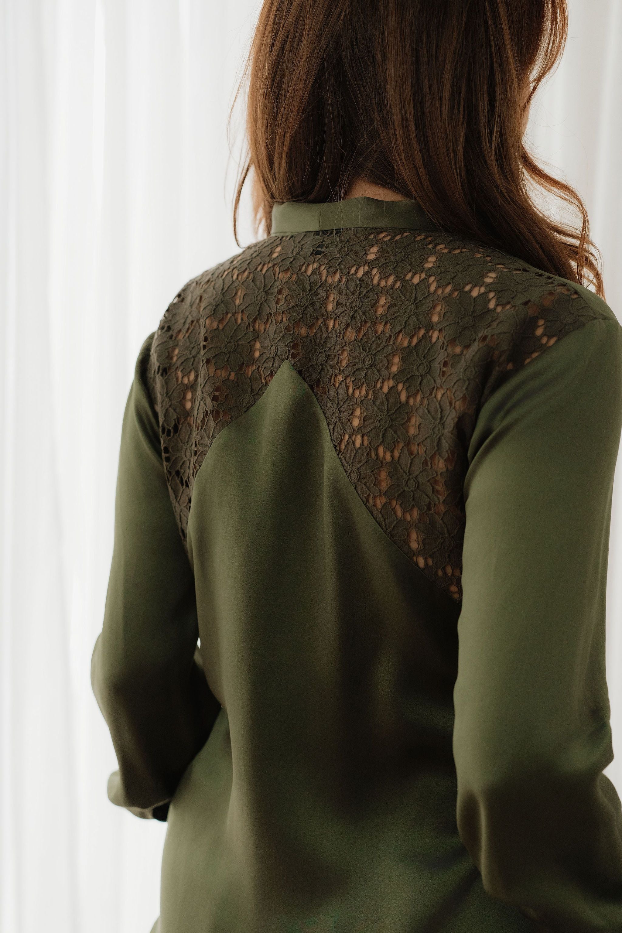 Olive Green Silk Bow Blouse