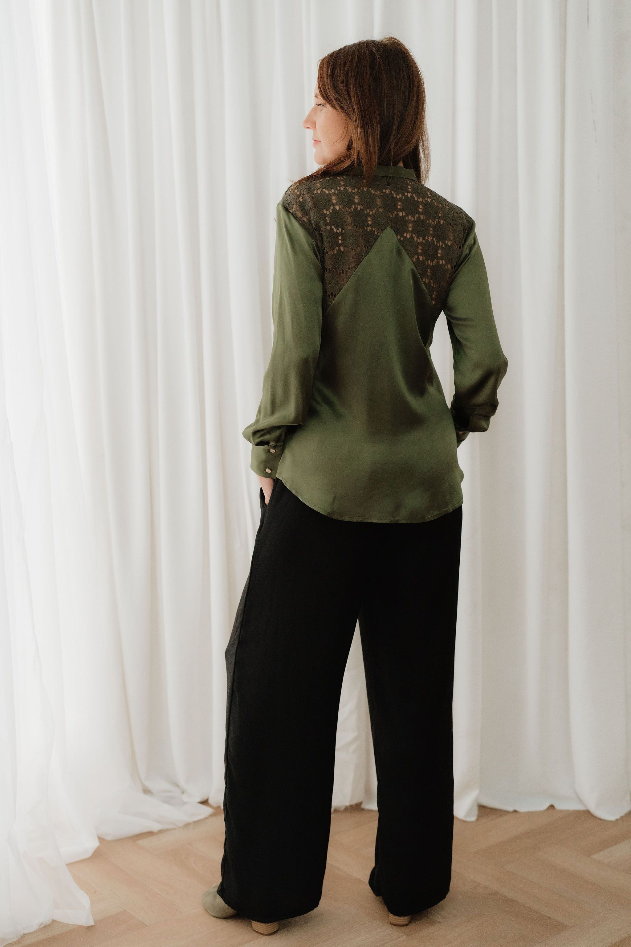 Olive Green Silk Bow Blouse