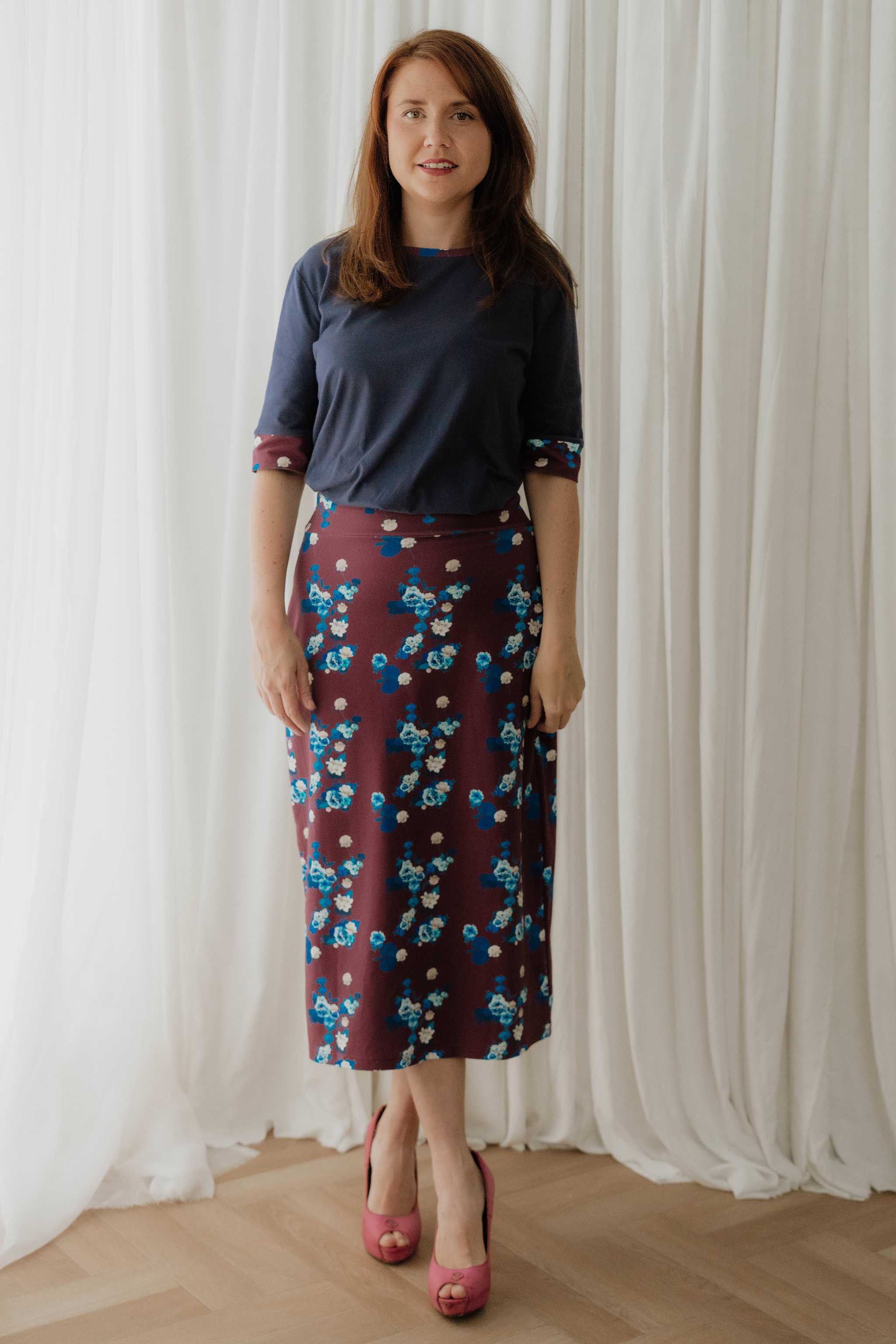 Maroon Floral Jersey Midi Skirt