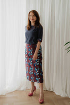 Maroon Floral Jersey Midi Skirt