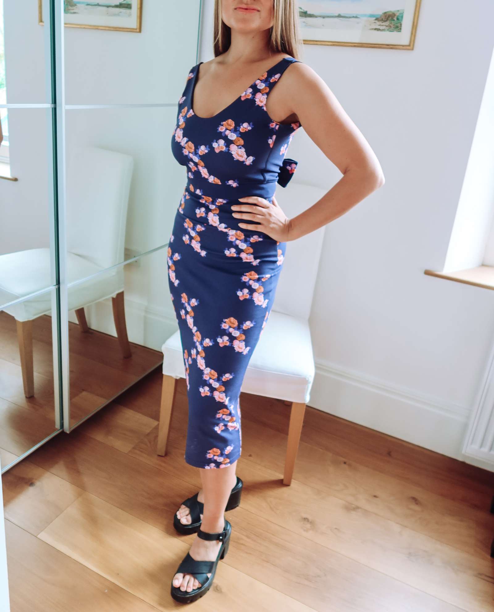 Navy Blue Floral Midi Jersey Skirt Sophie Cameron Davies