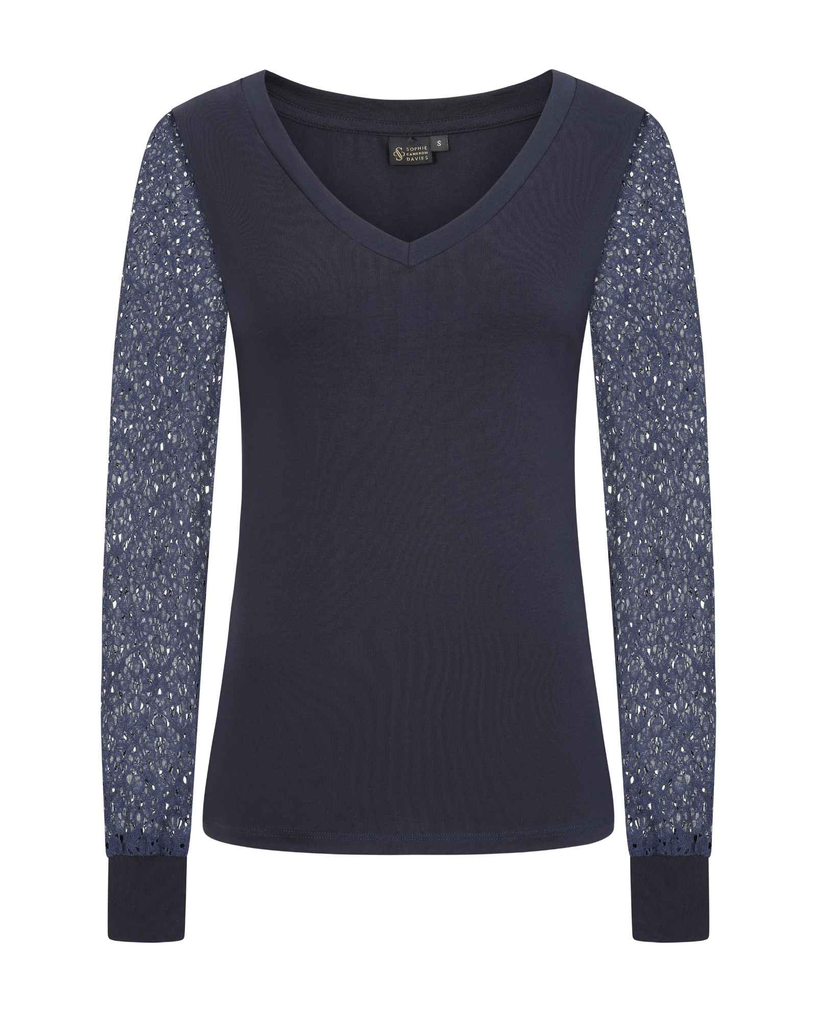 Navy Blue V-Neck Lace Sleeve Top Sophie Cameron Davies