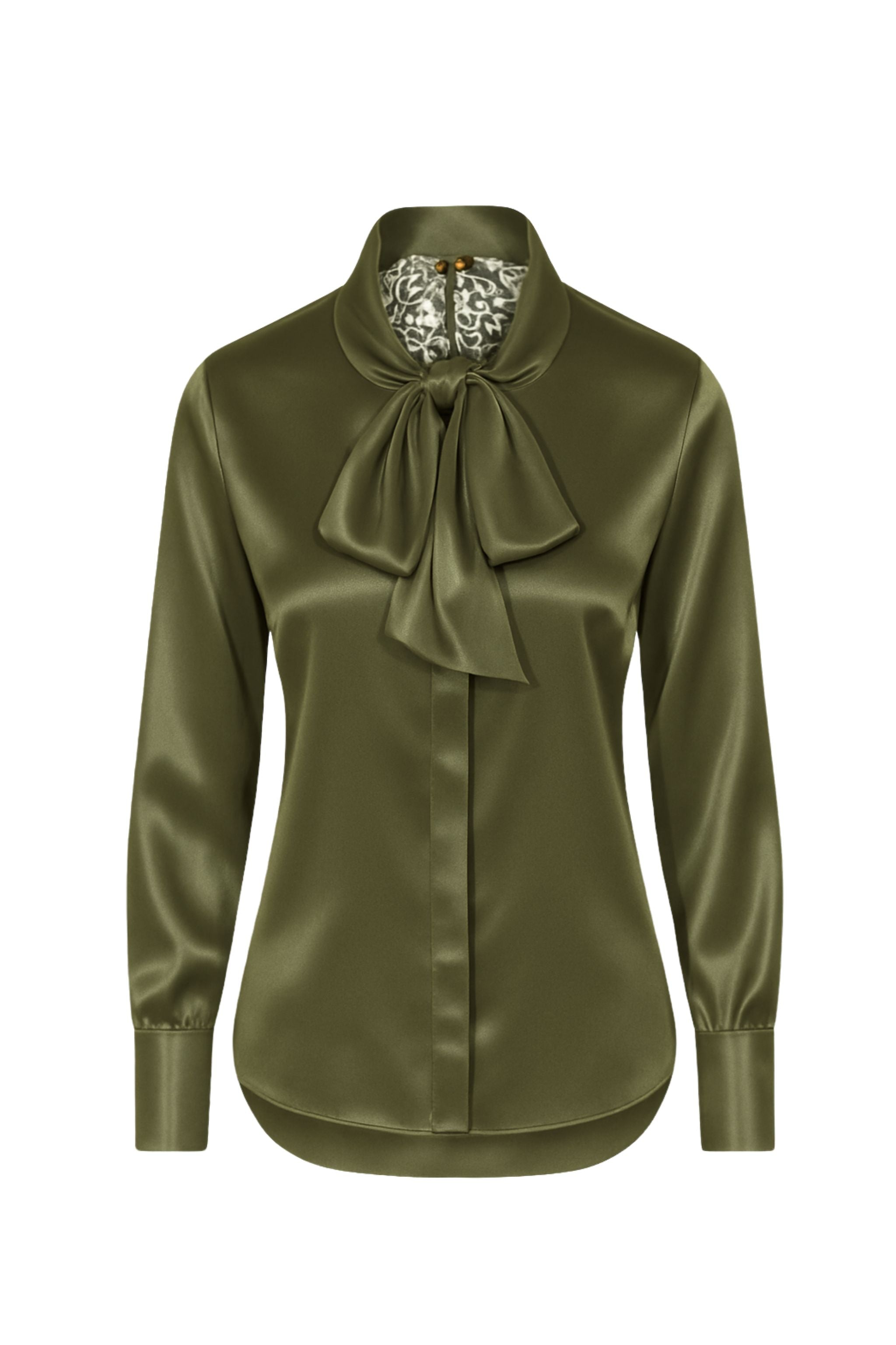 Olive Green Silk Bow Blouse