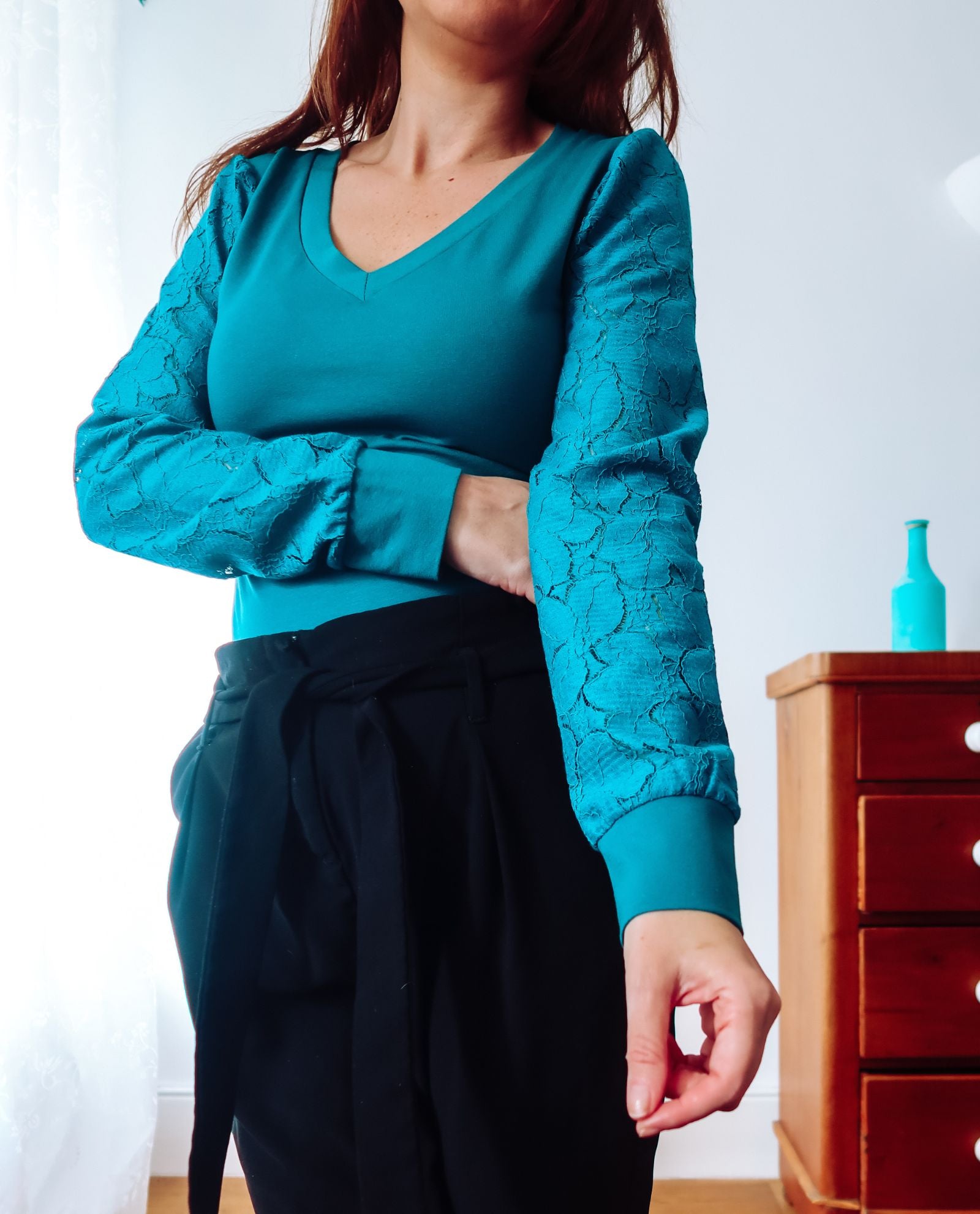 Teal V-Neck Lace Sleeve Top Sophie Cameron Davies