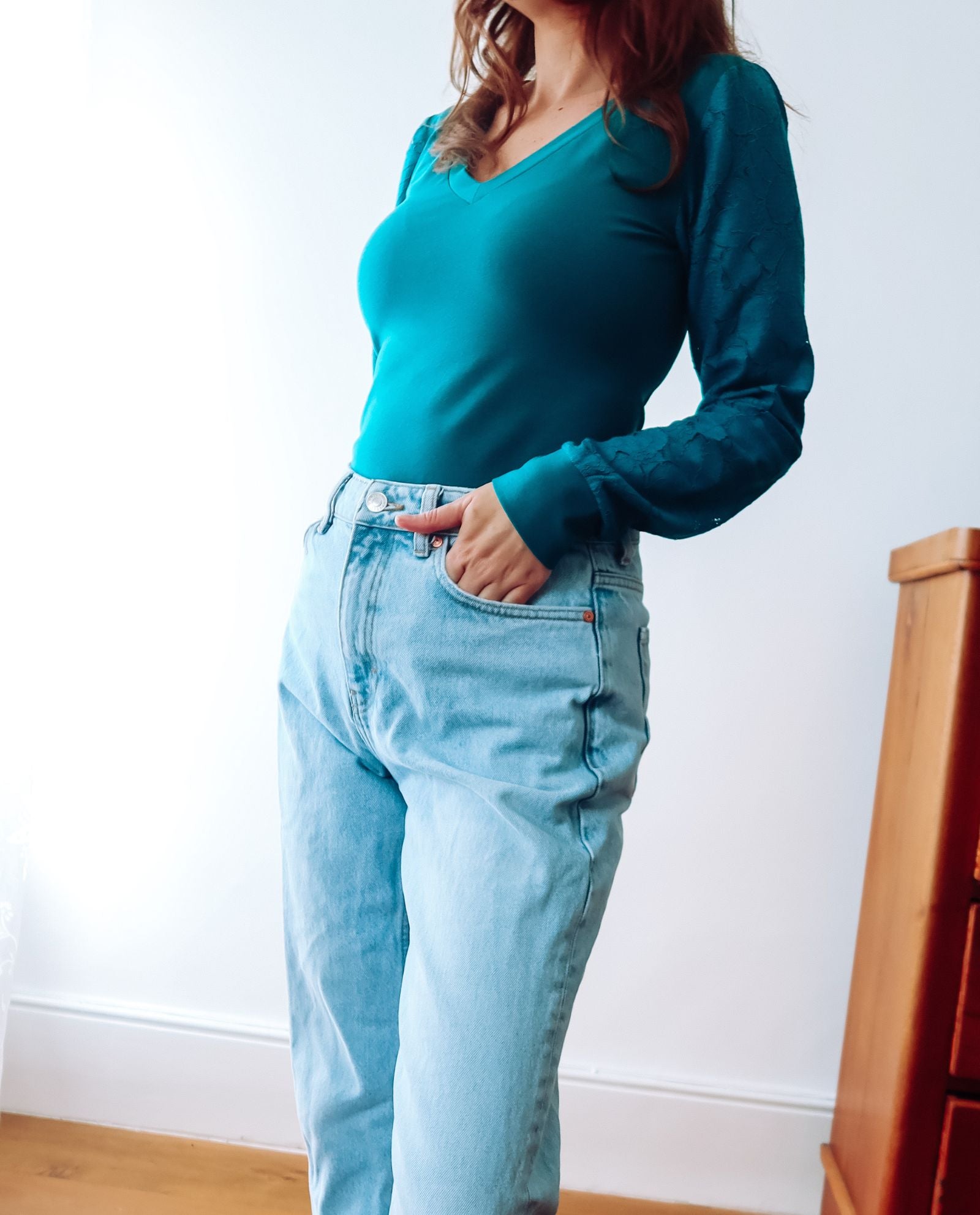 Teal V-Neck Lace Sleeve Top Sophie Cameron Davies