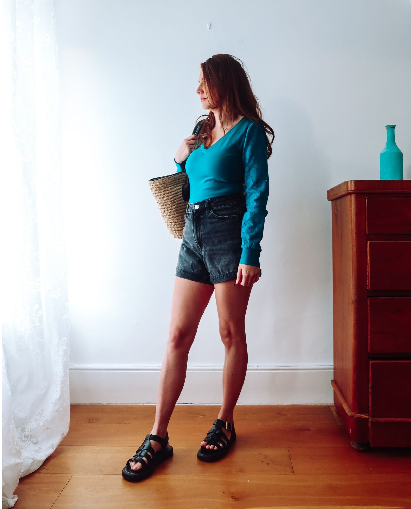 Teal V-Neck Lace Sleeve Top Sophie Cameron Davies