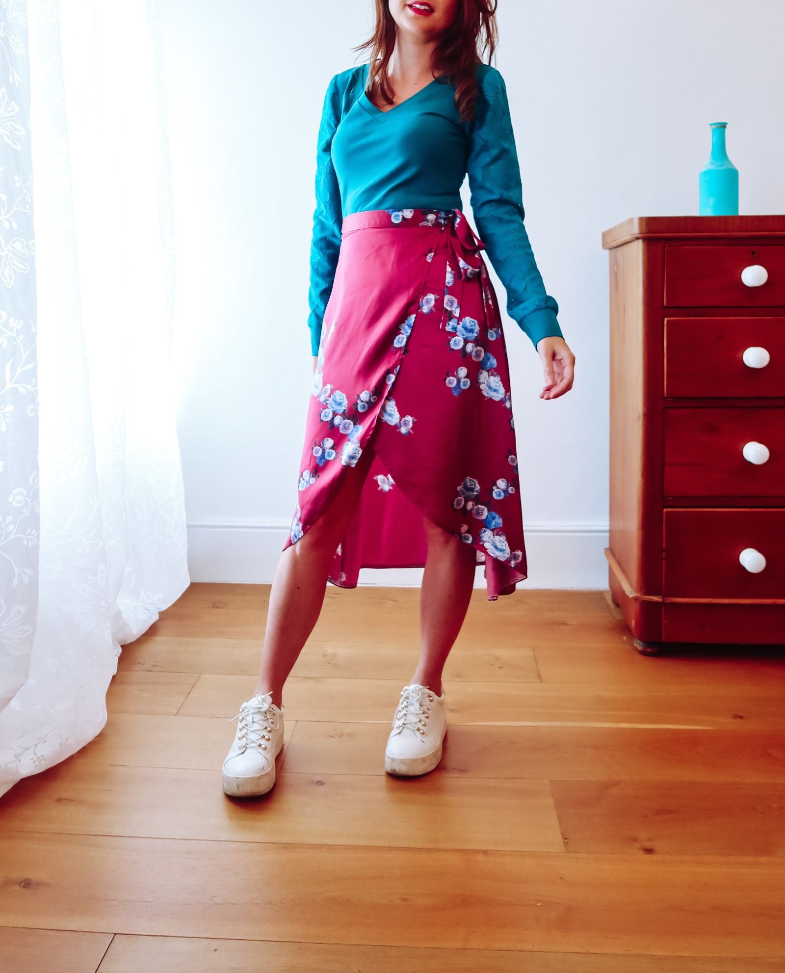 Teal V-Neck Lace Sleeve Top Sophie Cameron Davies