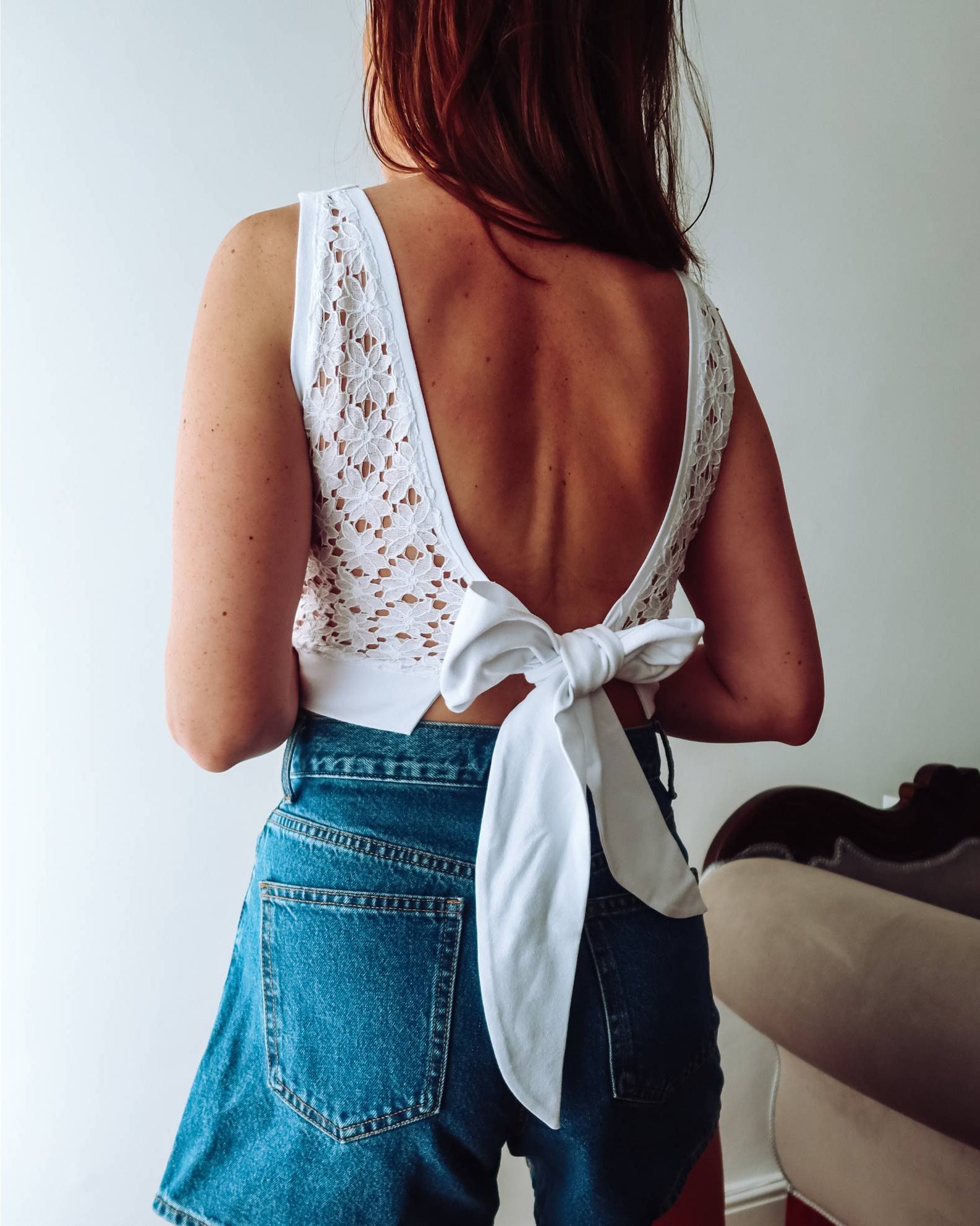 White Lace Back Crop Top