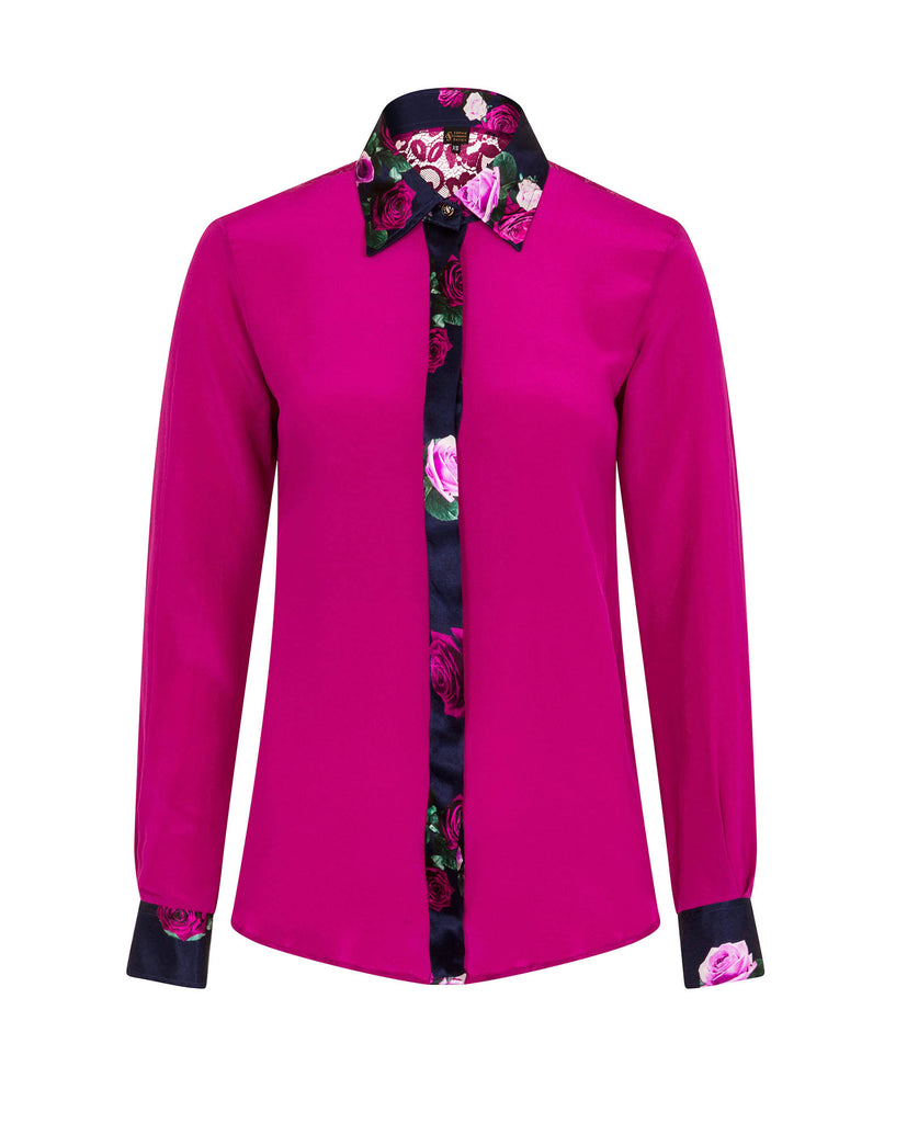 Classic Silk Shirt Rose Berry Pink with floral detail